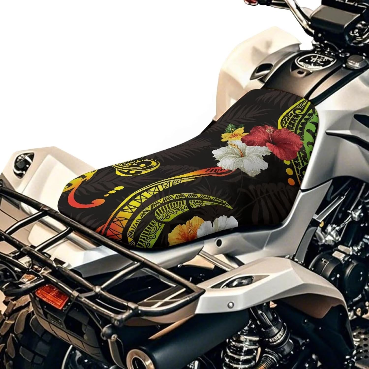 ATV Seat Cover Non-Slip Hibiscus Polynesian Tattoo Four Wheeler Seat Cover Waterproof ATV Accessories Universal Fit for Most Models Polaris Sportsman Honda Rancher