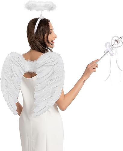 Juego de accesorios de ángel negro con alas de plumas de ángel oscuro diadema de halo y varita para Halloween fiesta de Navidad disfraz de disfraz