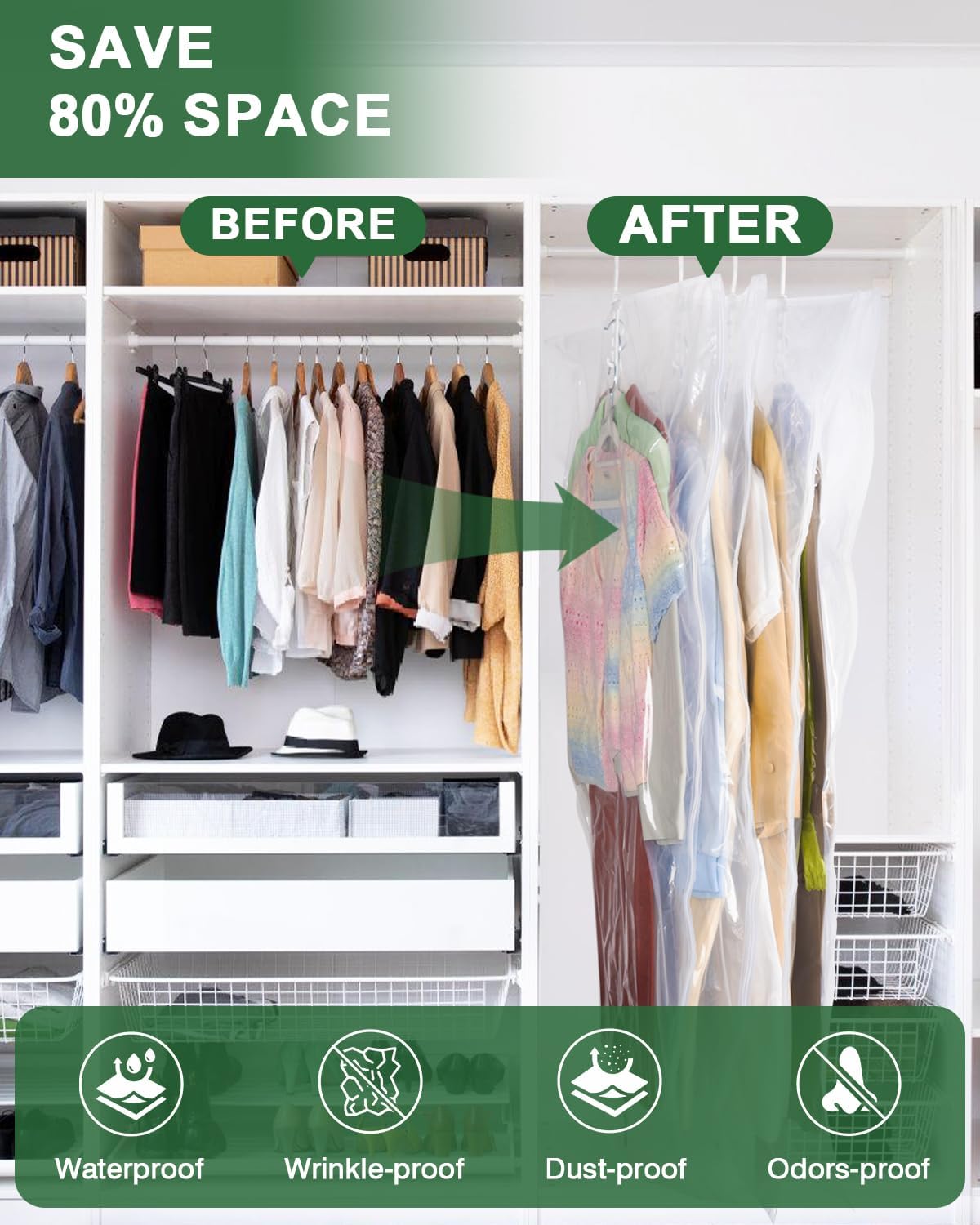 Colemoly Hanging Vacuum Storage Bags for Clothes 6 Pack 53.1x27.6 Inches Large Transparent Vacuum Seal Bags, Space Saving Storage Bags for Dresses/Coats/Suits, Waterproof/Dustproof/Wrinkle-Free - Image 5