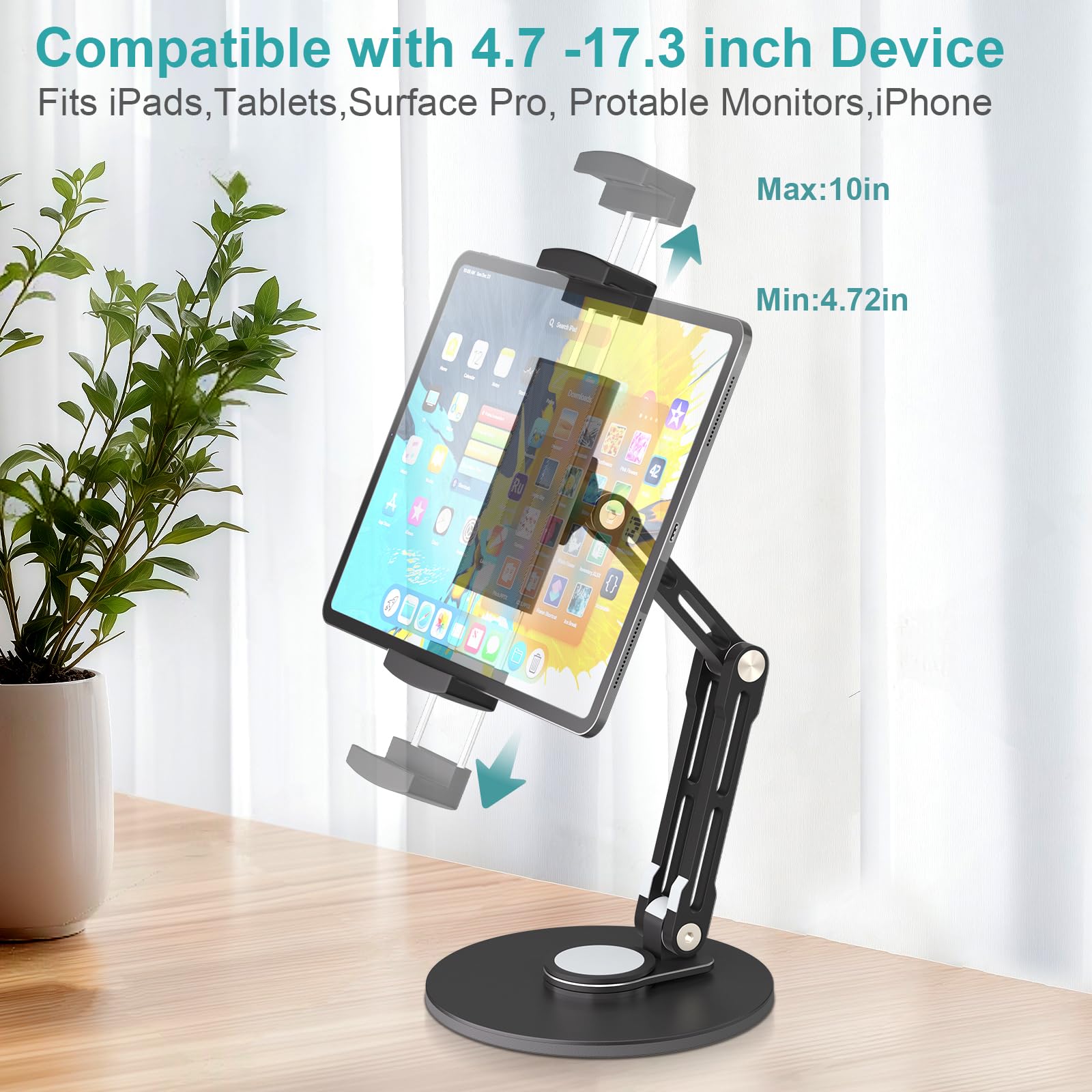 Supporto da scrivania per iPad, supporto per tablet con rotazione a 360°, base in metallo, morsetto per iPad, compatibile con iPad Pro, Surface Pro, monitor portatile, iPhone, adattatore a vite per