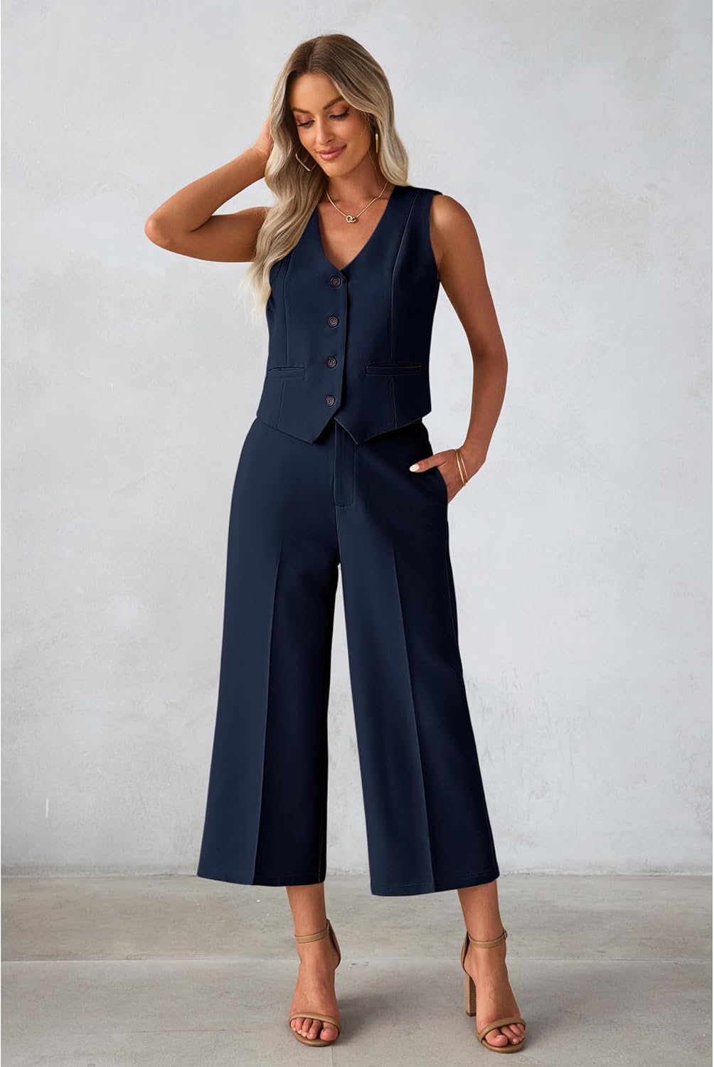 luvamia Pant Suits for Women Dressy Casual 2 Piece Sets Sleeveless Blazer Vest with Wide Leg Capri Pants Work Outfit - Image 6