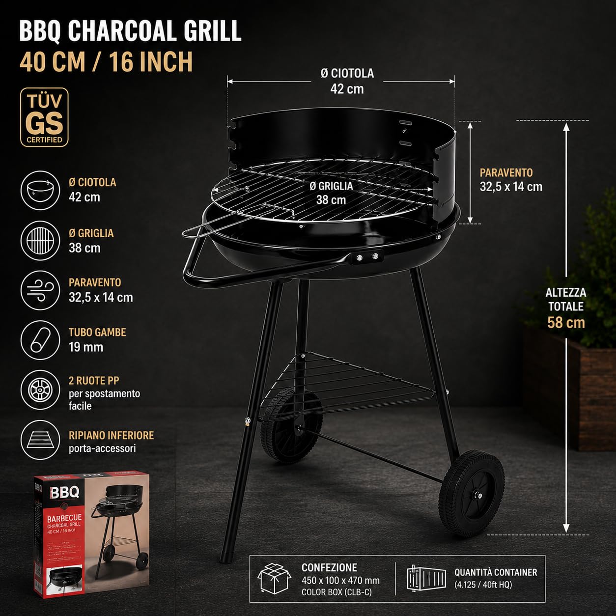 BBQ Barbecue a Carbone 58x40x40cm | Griglia Rotonda Giardino Balcone Terrazza | Acciaio Smaltato Nero, Griglia Cromata Ø38cm, Ruote, Ripiano | Certificato TUV GS | Carbonella Weber Compatibile