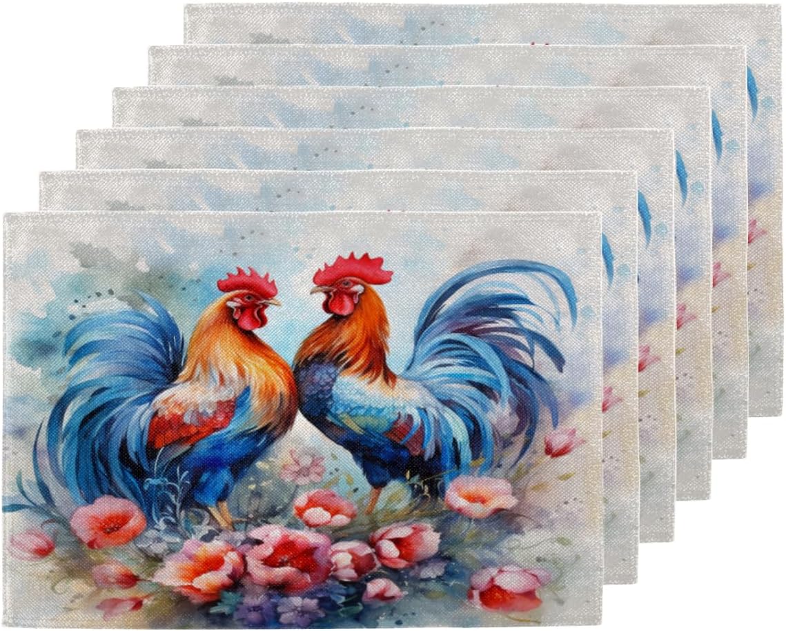 Watercolor Rooster Flower Floral Placemats Set of 6 Decorative Dinner Place Mats Washable Table Mat for Gifts, Holiday, Birthday Party, Wedding & Dining