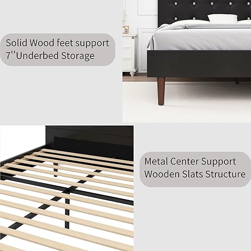 Miniatura 6 de Yegee Cama de plataforma de piel sintética tamaño Queen con cabecero de cristal con botones de cristal listones de madera y patas de cama negro Queen