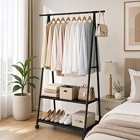 Arara Organizadora de Roupas com Rodas 360° Cabideiro em Metal Sapateira 2 Prateleiras Multiuso Fácil Montagem