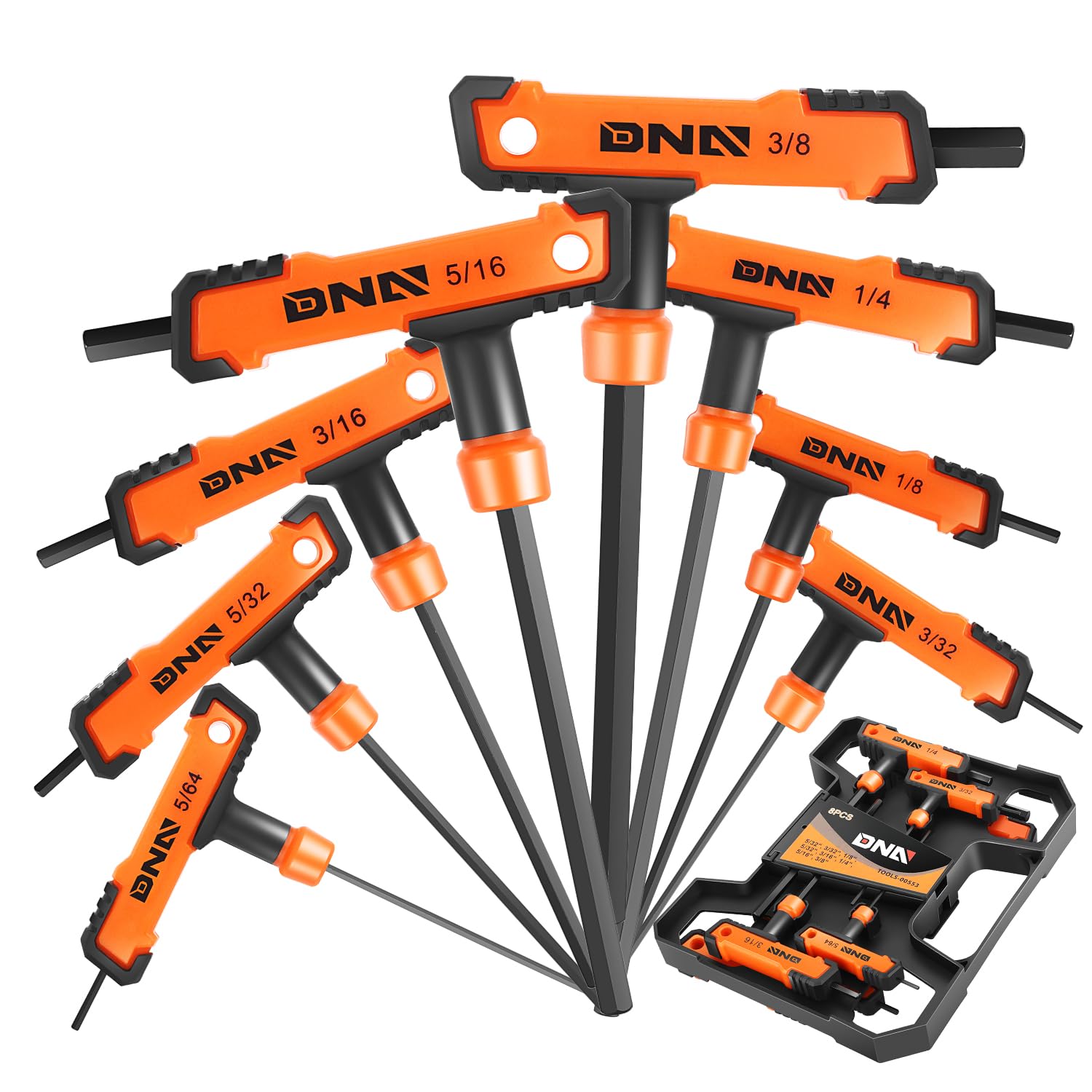 DNA MOTORING 8pcs T-Handle Hex Key Set Long Short Handle, SAE Metric Allen Wrench Set For Automobile Repair, Factory Machinery, Equipment Maintenance, W/Case, Orange, TOOLS-00553