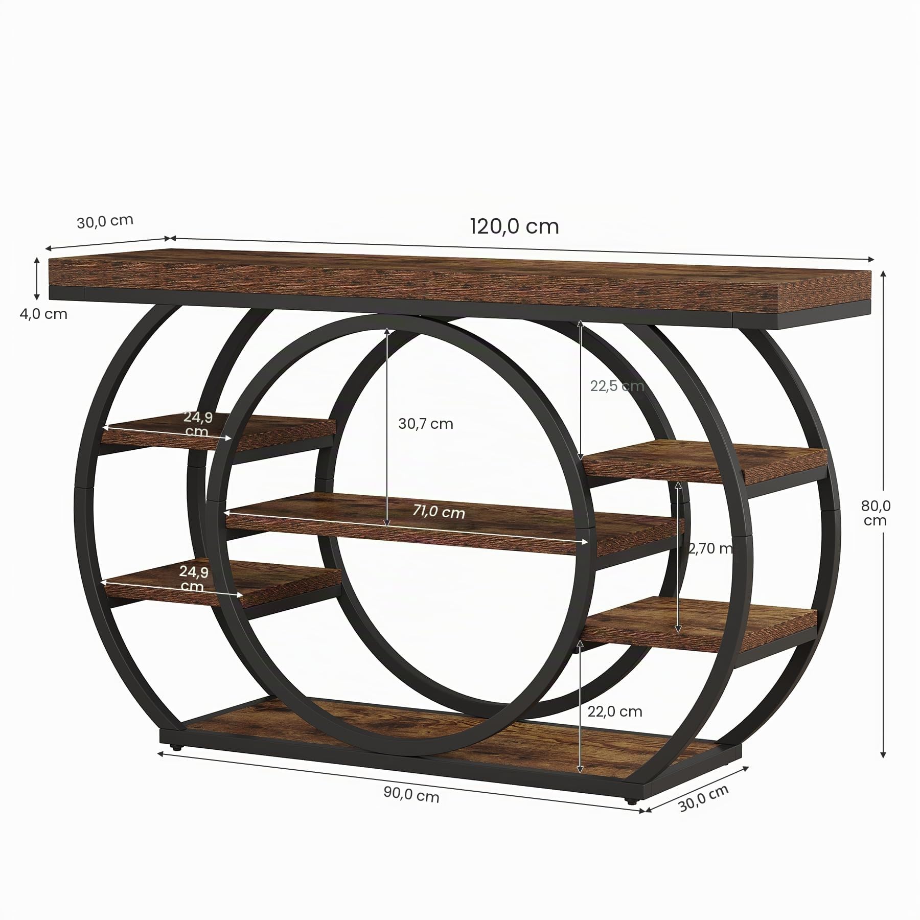 Tribesigns Tavolo consolle con base circolare, tavolo d'ingresso stretto, 120 x 30 x 80 cm, scaffale portaoggetti a 4 piani, casale industriale, corridoio, divano, rustico