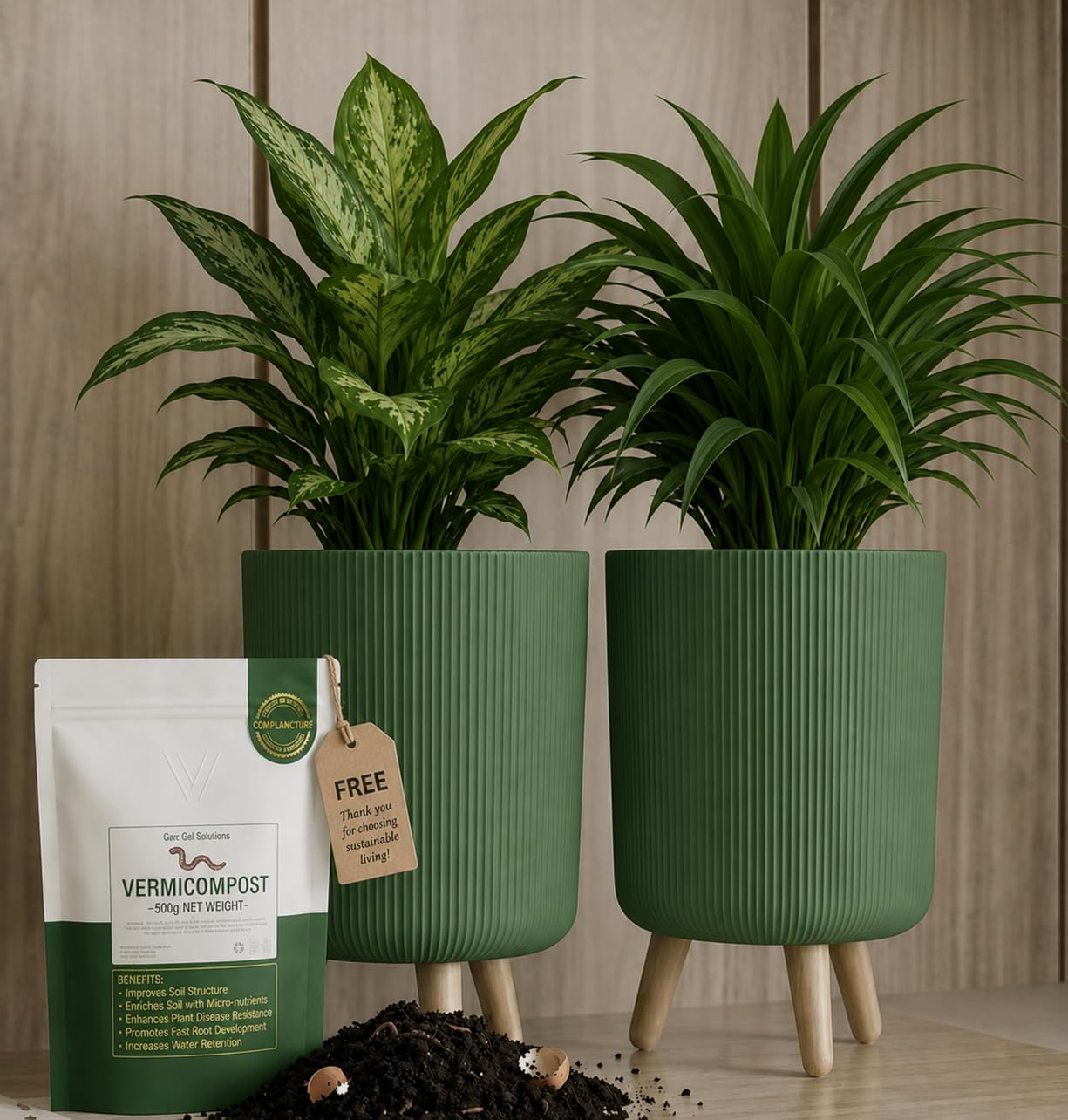 SR Modern Flower Pot with Plastic Legs | Indoor Outdoor Planter for Home Garden Balcony Decor Ribbed Design (Green Pack of 1) | with Free Vermicompost Fertilizer for Plants (500gm)-image-29