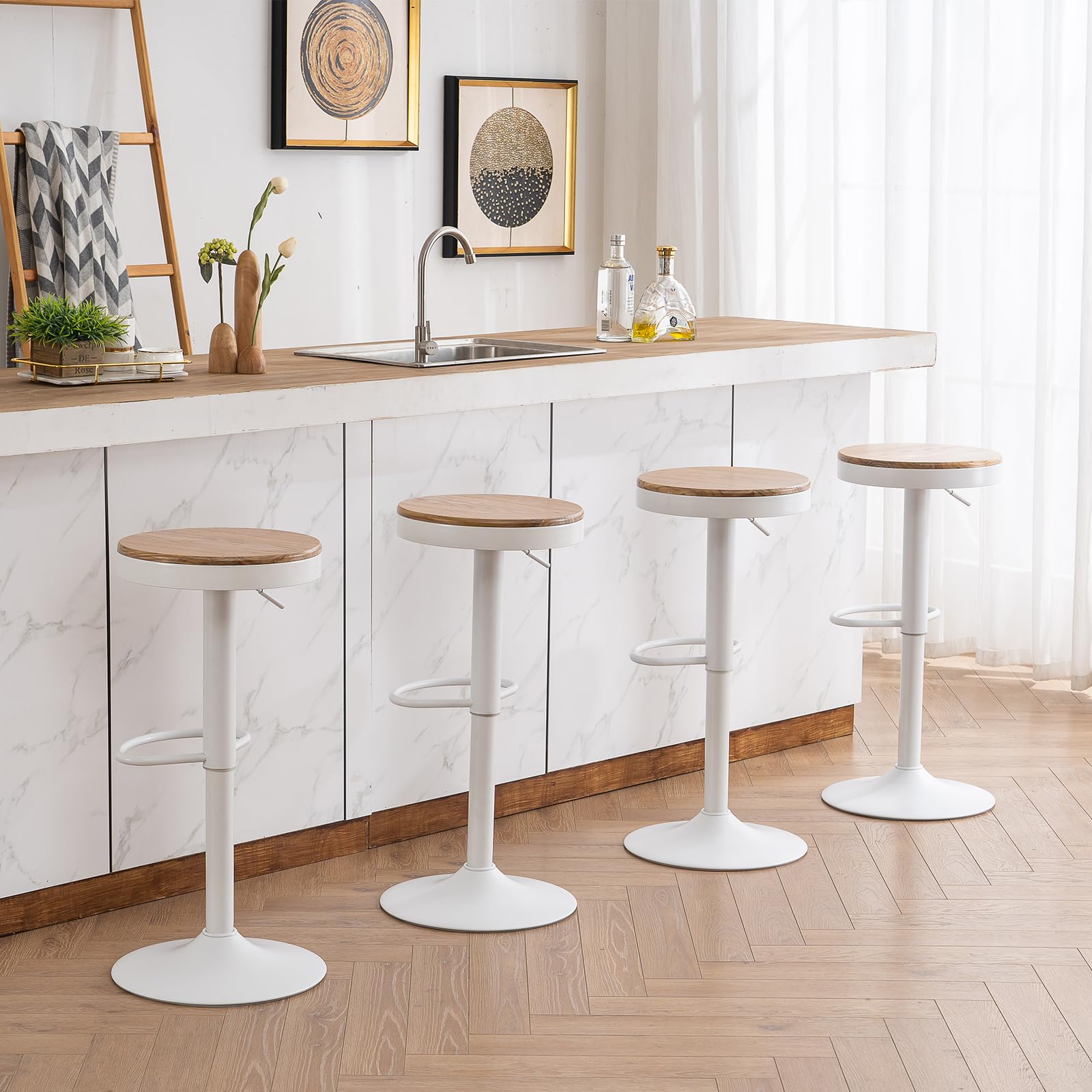 YOUNIKE Taburete de Bar Juego de 2 Taburetes de Bar de Madera Silla de Bar Alta Estructura Metálica Giratoria 360° con Reposapiés Industrial Blanco