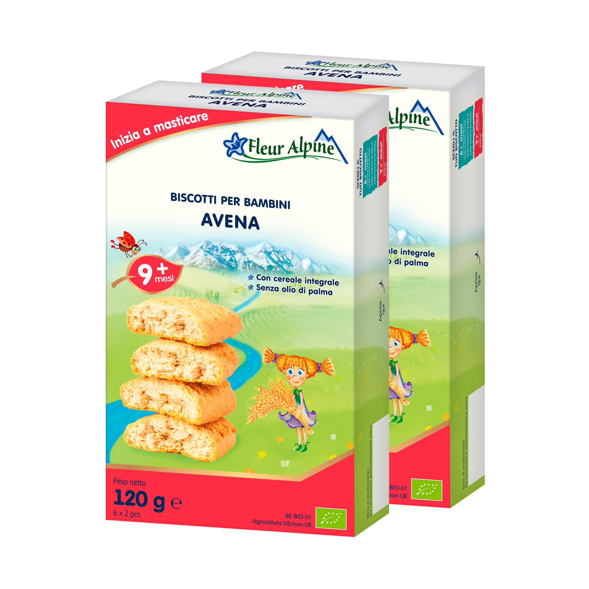 FLEUR ALPINE Biscotti Baby - Confezione da 12 x 2 deliziosi snack per bambini per una deliziosa colazione a base di porridge - Semplici biscotti integrali - 9 mesi
