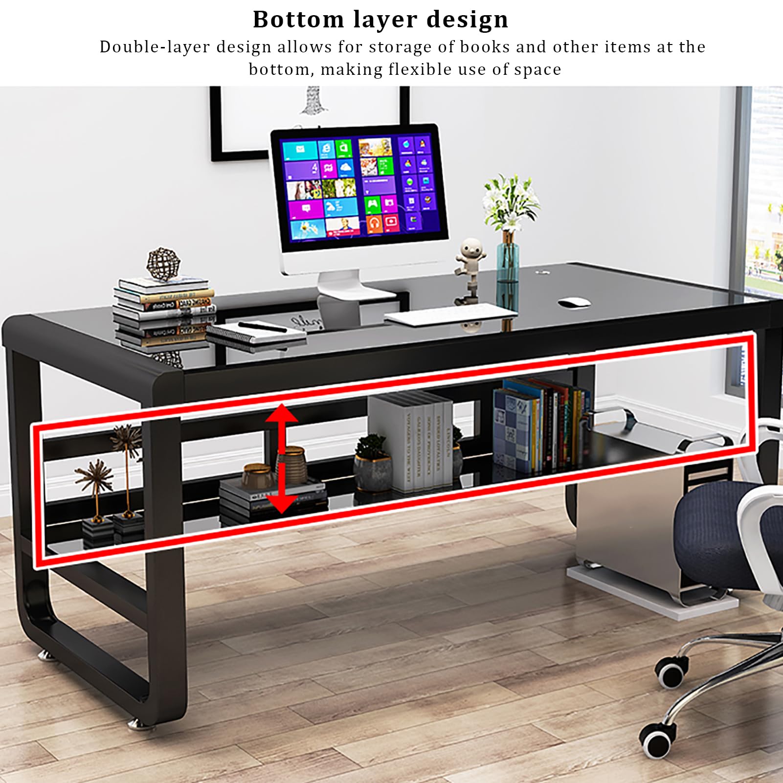 Biurka domowe, nowoczesne biurko komputerowe, solidne biurko do pisania i nauki, ze szkłem hartowanym i metalową ramą, osobiste gry na stację roboczą (120 x 60 x 75 cm, różowe)
