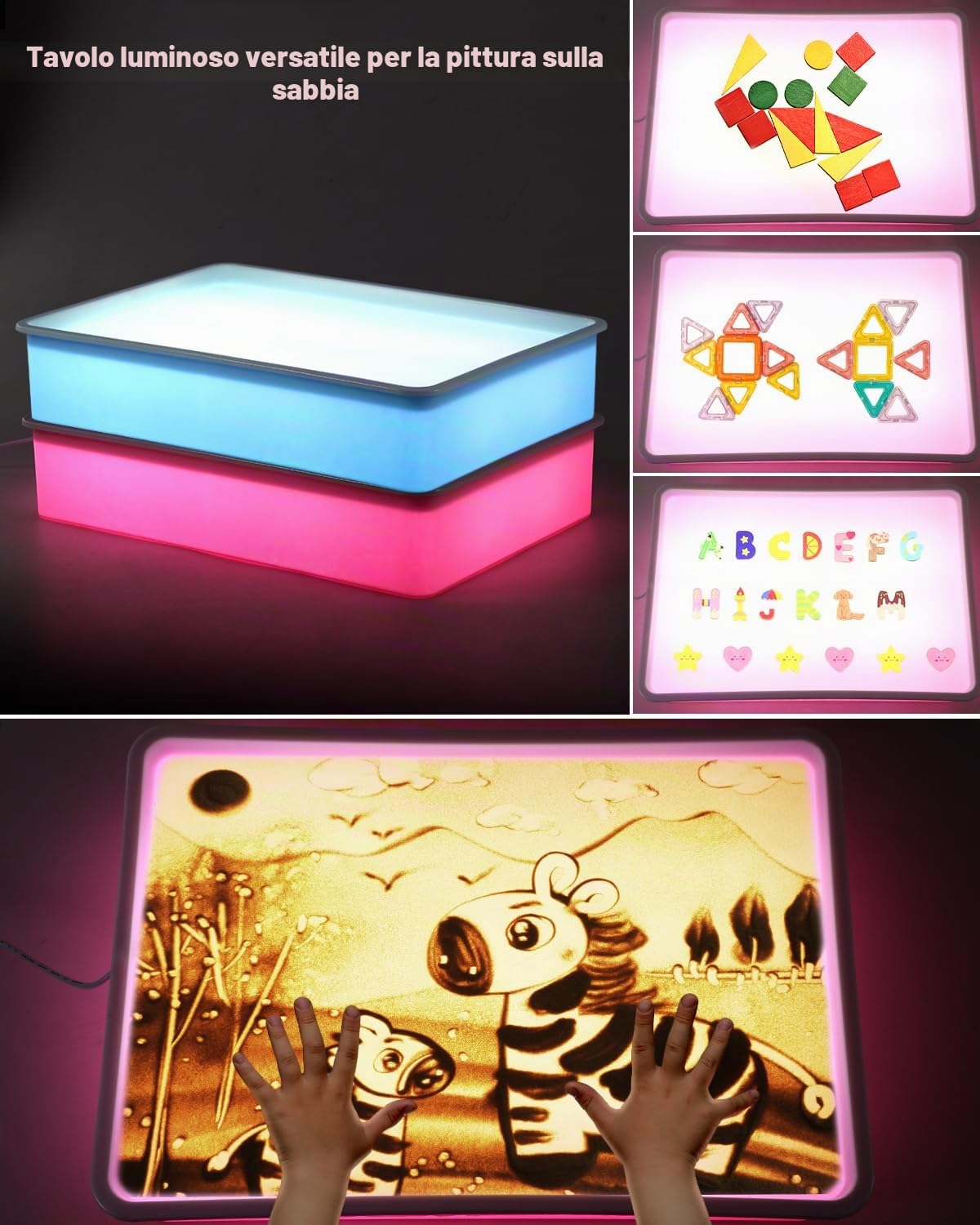 AtMini - Scatola luminosa per pittura a sabbia, con 4 confezioni di sabbia naturale, set con vassoio per la sabbia, per bambini a partire dai 3 anni in su (rosa)