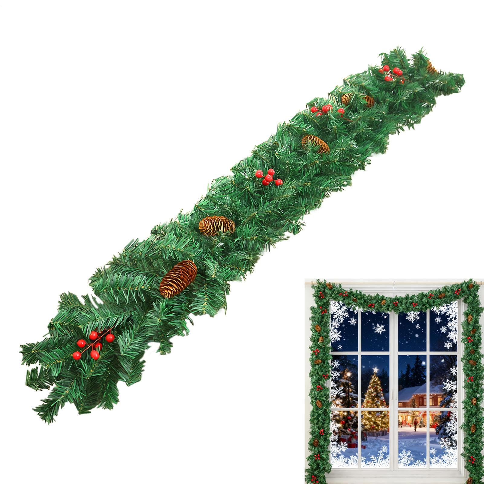 Weihnachtsgirlande 2.7 Meter Tischgirlande | Kunstlicher Realistischer Mit Roten Beeren Und Tannenzapfen Deko Für Kaminholz Tisch Wand Hochzeit Festlich