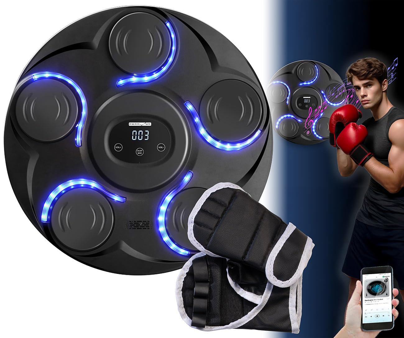 PEARL Sports Boxmaschine Erwachsene: Musik-Boxmaschine, 7 Schlagtakte, Zählmodus, LEDs, Display, BT, Akku (Boxmachine, Boxing Machine, Music)