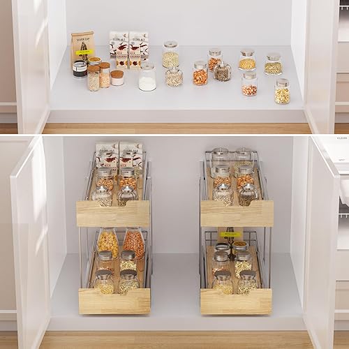 Vista 22 de Organizador de gabinete extraíble, estante deslizante resistente, cesta de madera y alambre, cajón extraíble para cocina debajo del fregadero