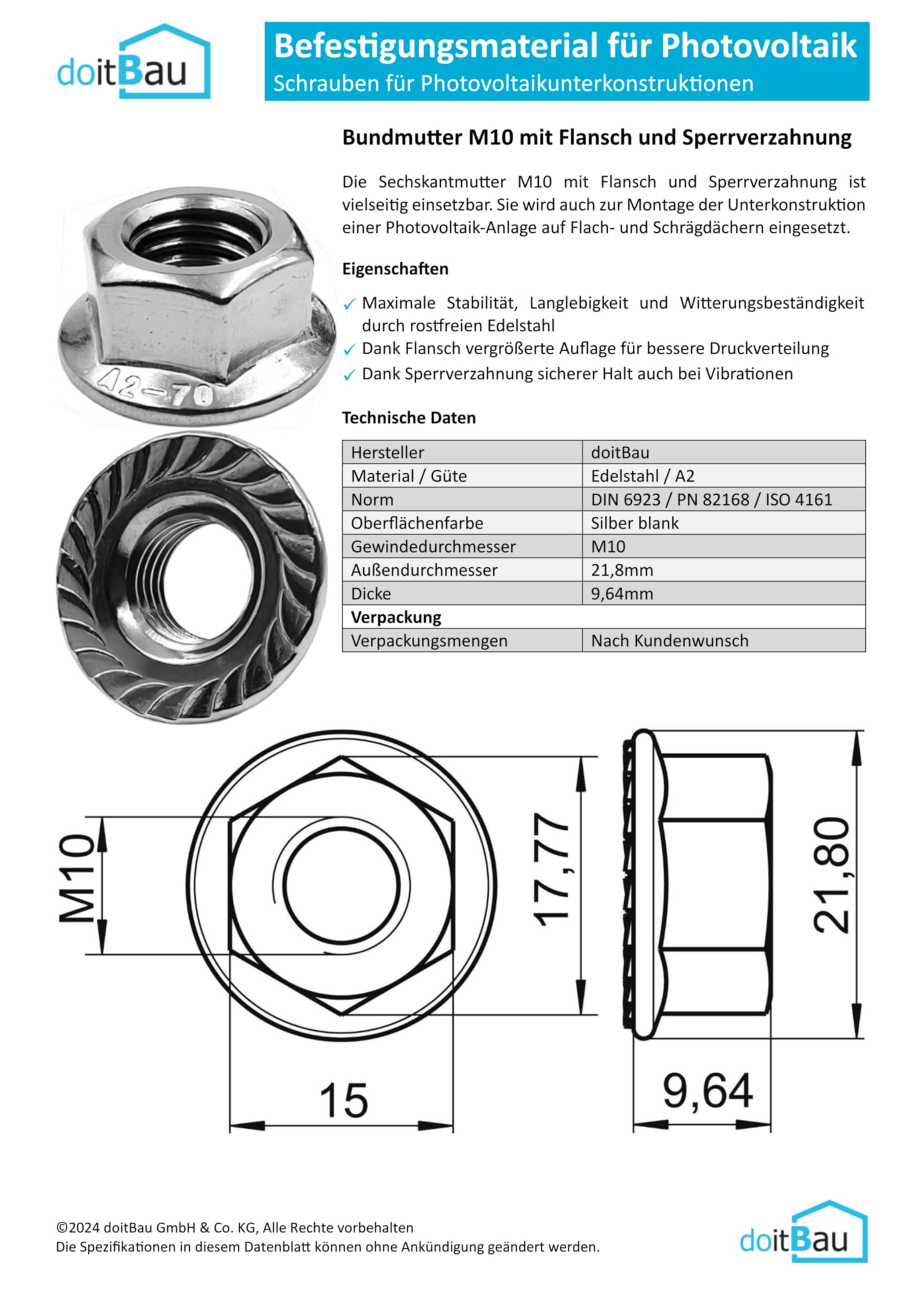 DoitBau - Set di 10 ganci per tetto in mattoni [8 x 80]/10 ganci per tetto, 20 viti per legno da 80 mm, 10 viti esagonali M10, 10 dadi/fotovoltaici a falda per tetto in PV, modulo tono in ceramica,
