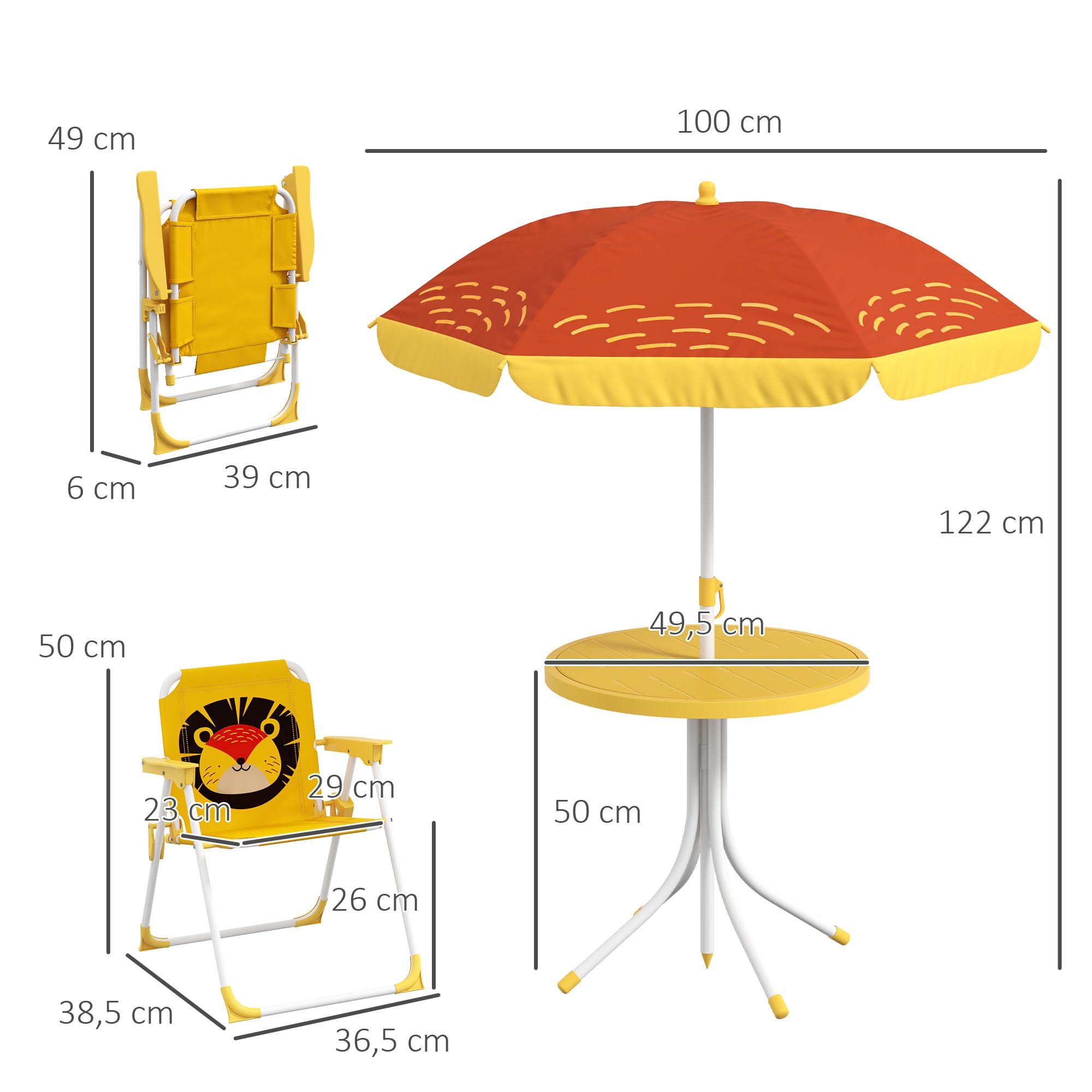 AIYAPLAY Ensemble salon de jardin extérieur enfant, table enfant avec chaise 4 pièces, motif éléphant et girafe, parasol réglable Ø 100 cm, chaise pliable, pour terrasse, balcon, plage, jaune
