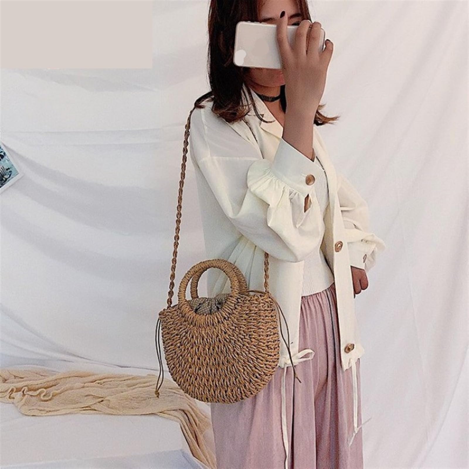 Bolso de Paja Tejido de Mimbre semicircular Hecho a Mano, bandoleras Cruzadas de Verano for Mujer, Bolso de Playa pequeño for niñas Bolsade de Viaje para Mujer(Khaki Ribbon)