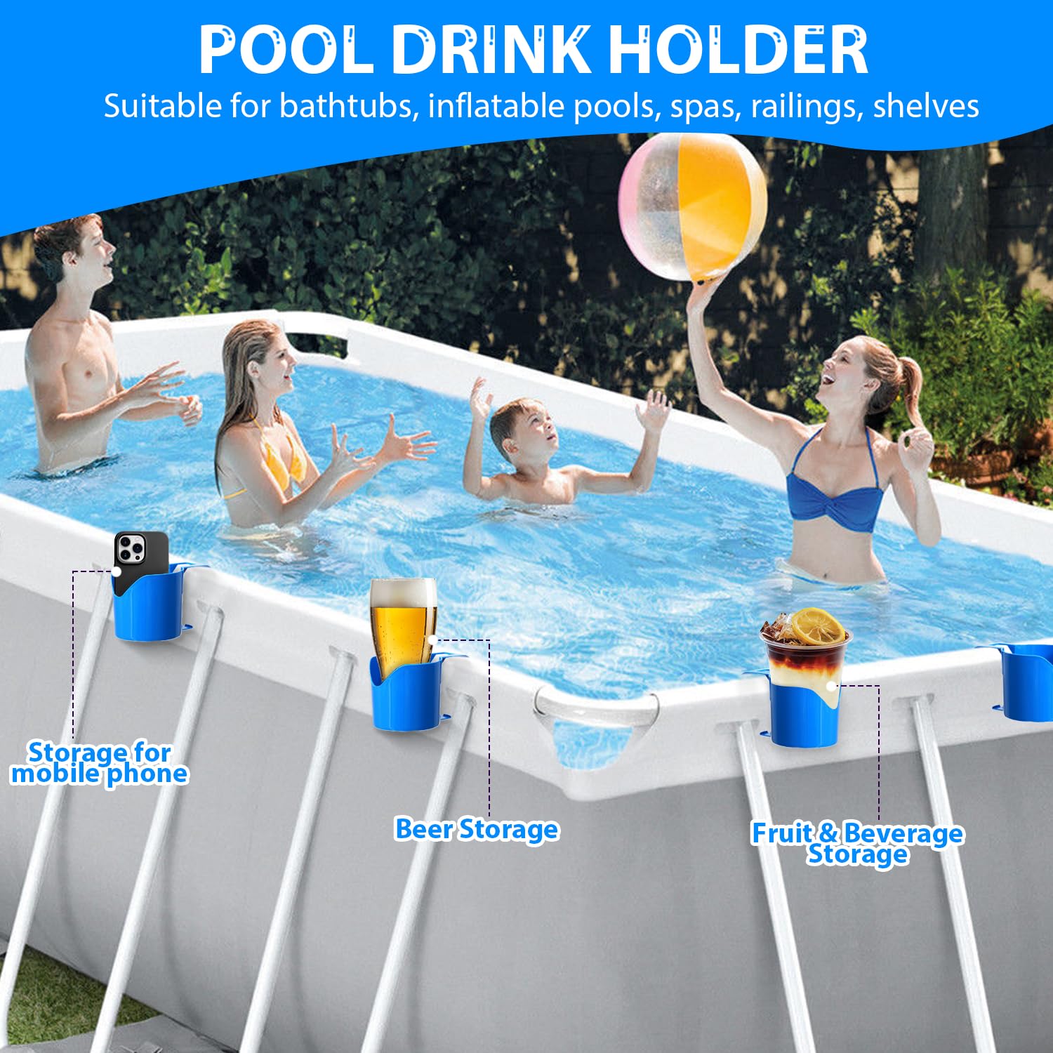4 Pezzi Portabevande per Piscina, Portabevande Multifunzione da Piscina, Portabevande per Piscina, Portabicchieri a Bordo Piscina, Porta Bibite per Piscina per la maggior parte delle piscine (blu)