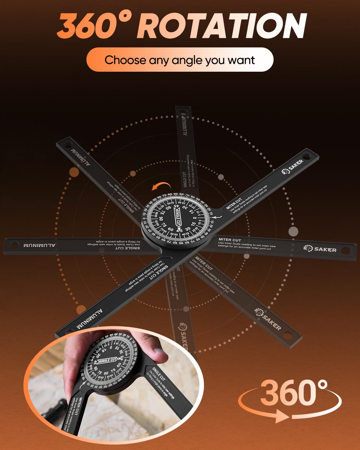 Saker Rapporteur de scie à onglet Rapporteur d'angle en aluminium de 178 cm avec laser de précision à l'intérieur et à l'extérieur pour menuisiers plombiers et tous les métiers de construction (Noir)