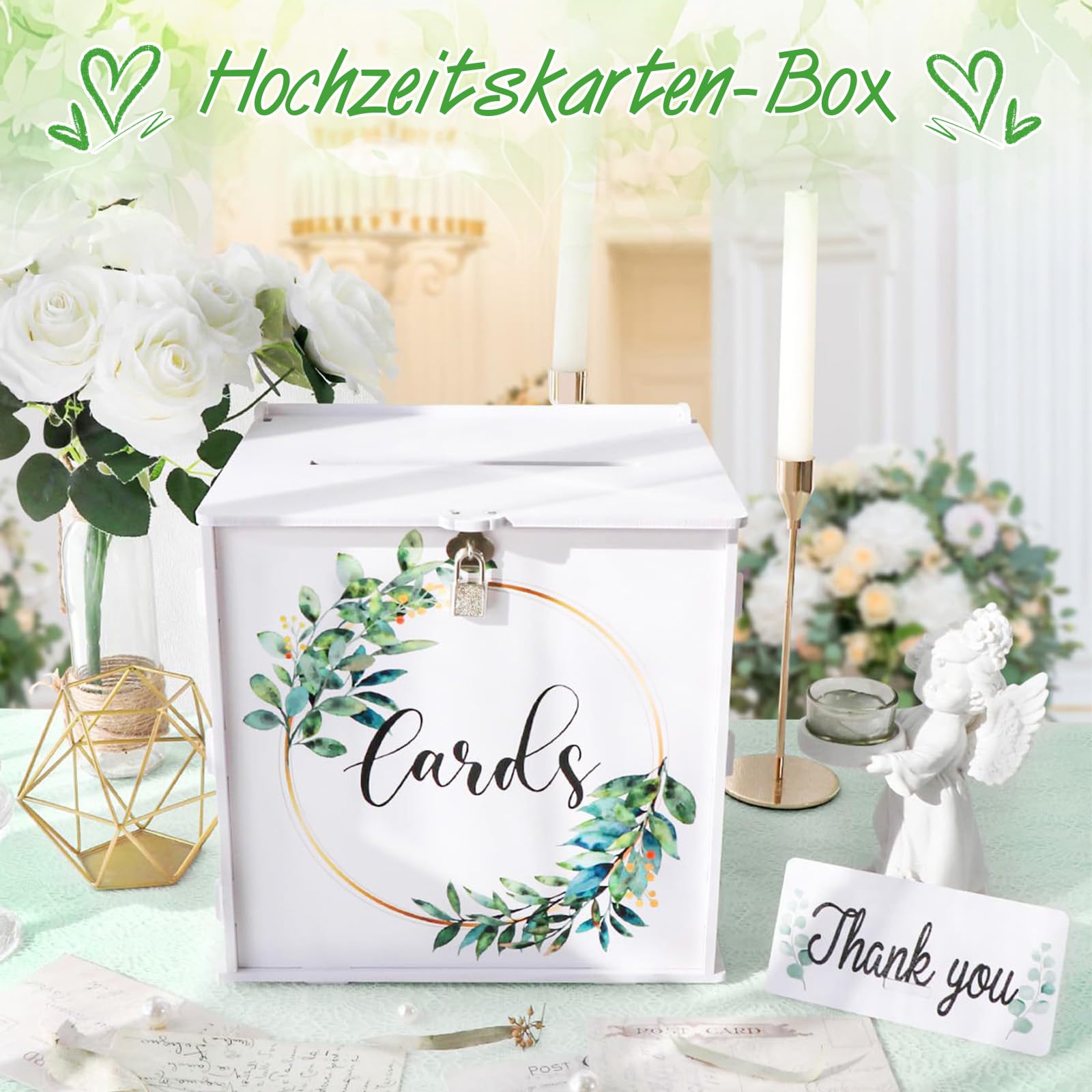 Caja para tarjetas de boda con candado, caja de regalo de PVC blanco para recepción de boda, eucalipto, manualidades, boda, sobres de dinero, caja de tarjetas, para fiestas, graduaciones, baby
