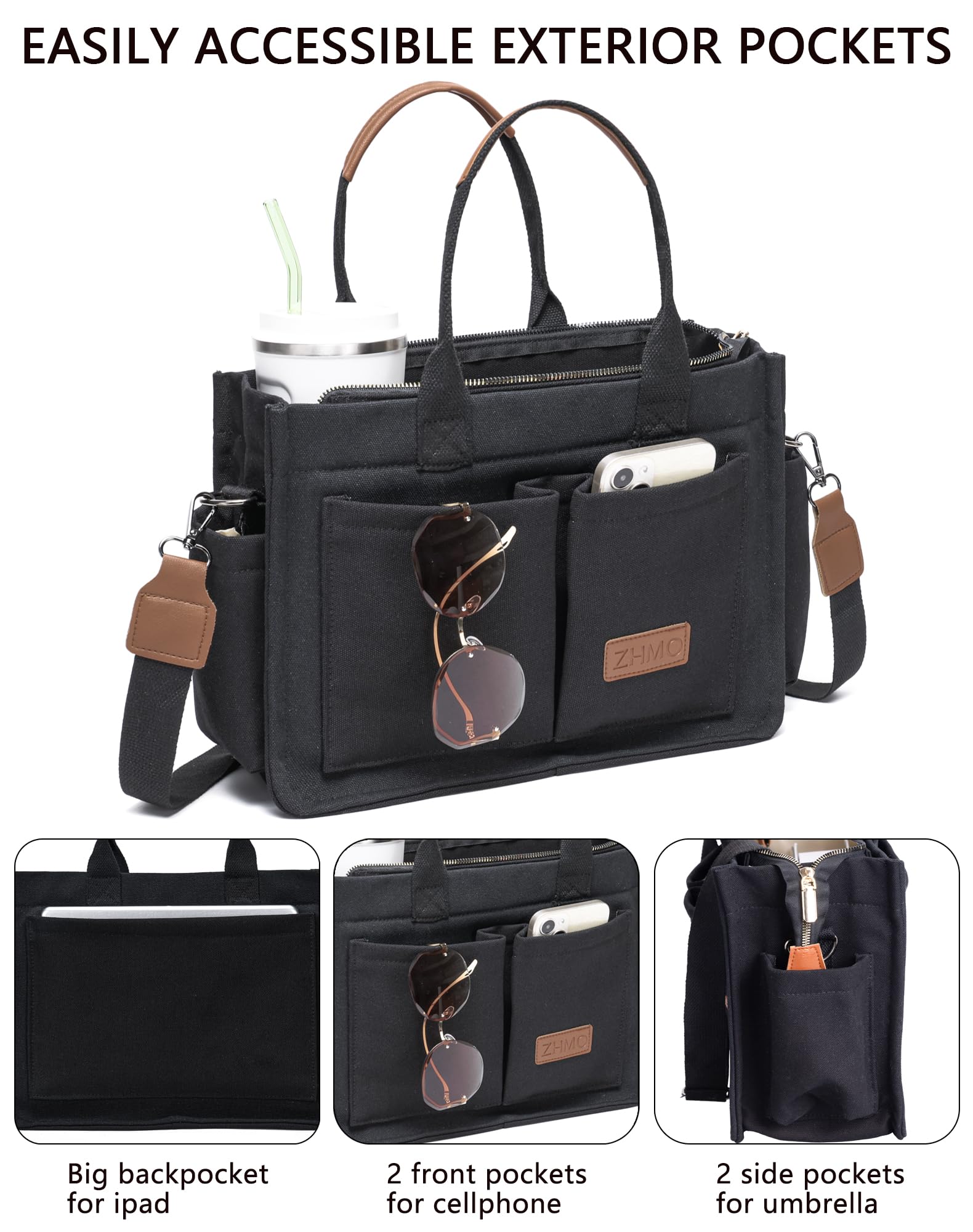 ZHMO Borsa a tracolla in tela con tasche, borsa a tracolla da donna, borsa per computer portatile, borsa a tracolla per scuola, fine settimana, drogheria