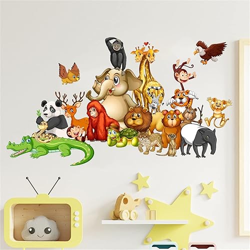 Miniatura 5 de Calcomanías de pared de animales, calcomanías de animales de dibujos animados de la selva, coloridos murales de elefante león para hombres y