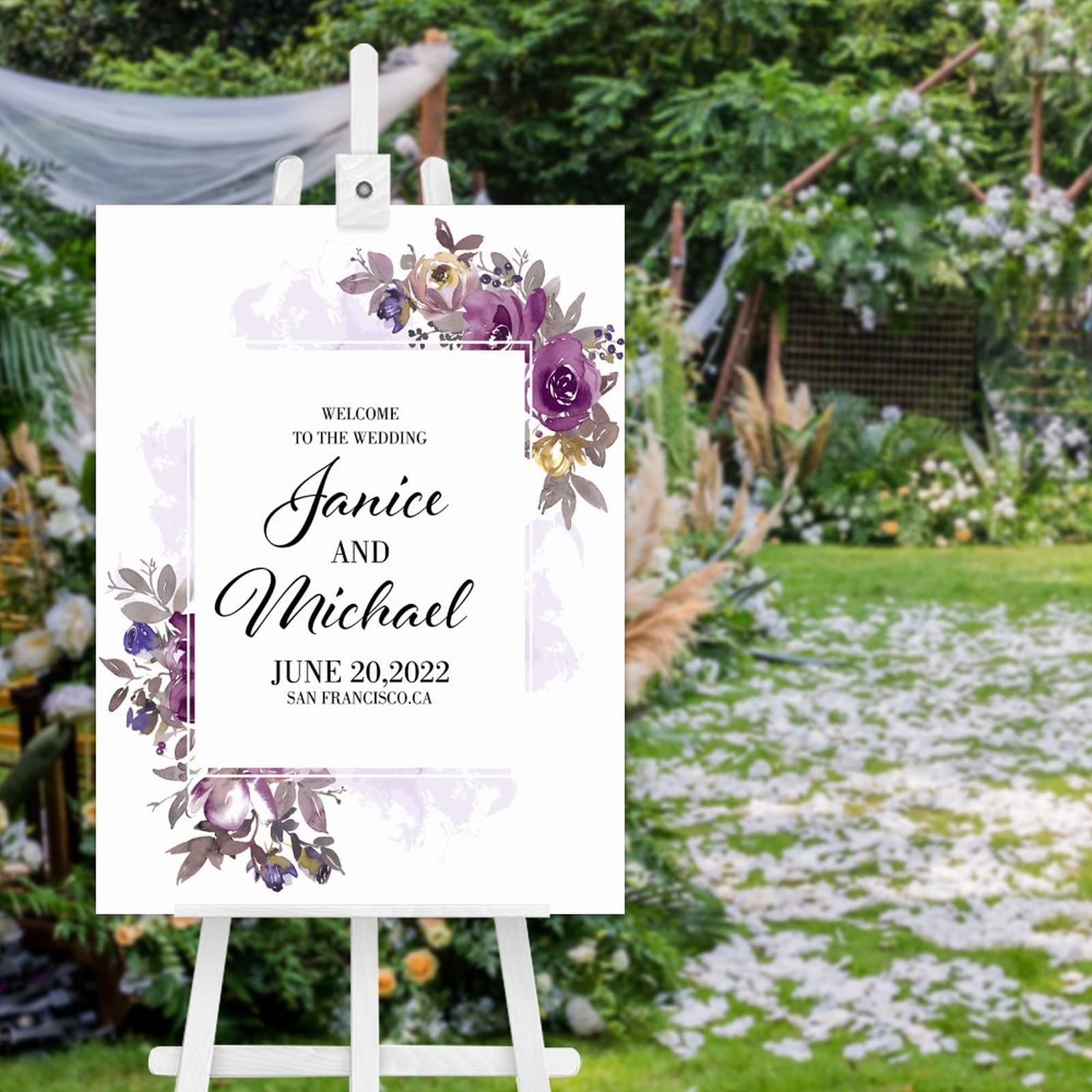 Panneau de bienvenue en bois prune pour mariage rustique chic 61x45cm