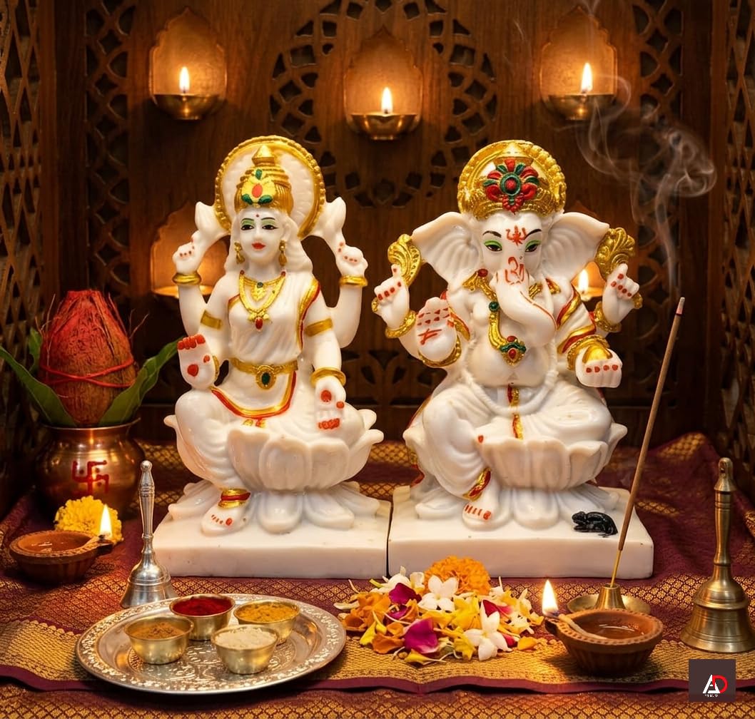ANI DIVINE Premium White Marble Finish Lakshmi Ganesha Idol Set for Home Temple - Hand-Painted Laxmi Ganesh Murti for Diwali Puja, Housewarming, and Spiritual Gifting-image-19
