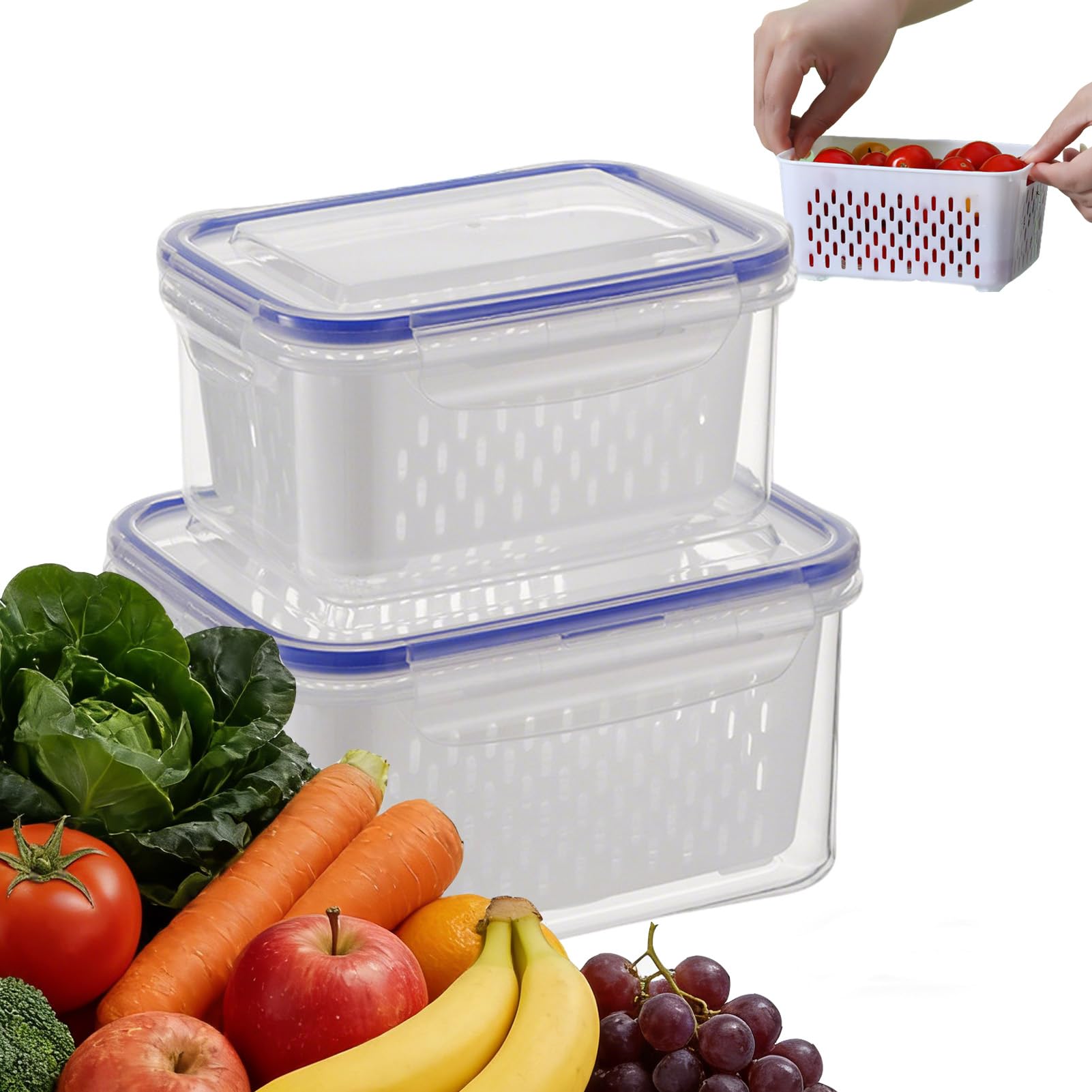 Eowduk 4 in 1 Food Storage Container, Household Transparent Plastic Food Storage Box-Including Drain Basket, Fruit Storages Containers for Fridge with Removable Colanders (Blue,Small+Medium)