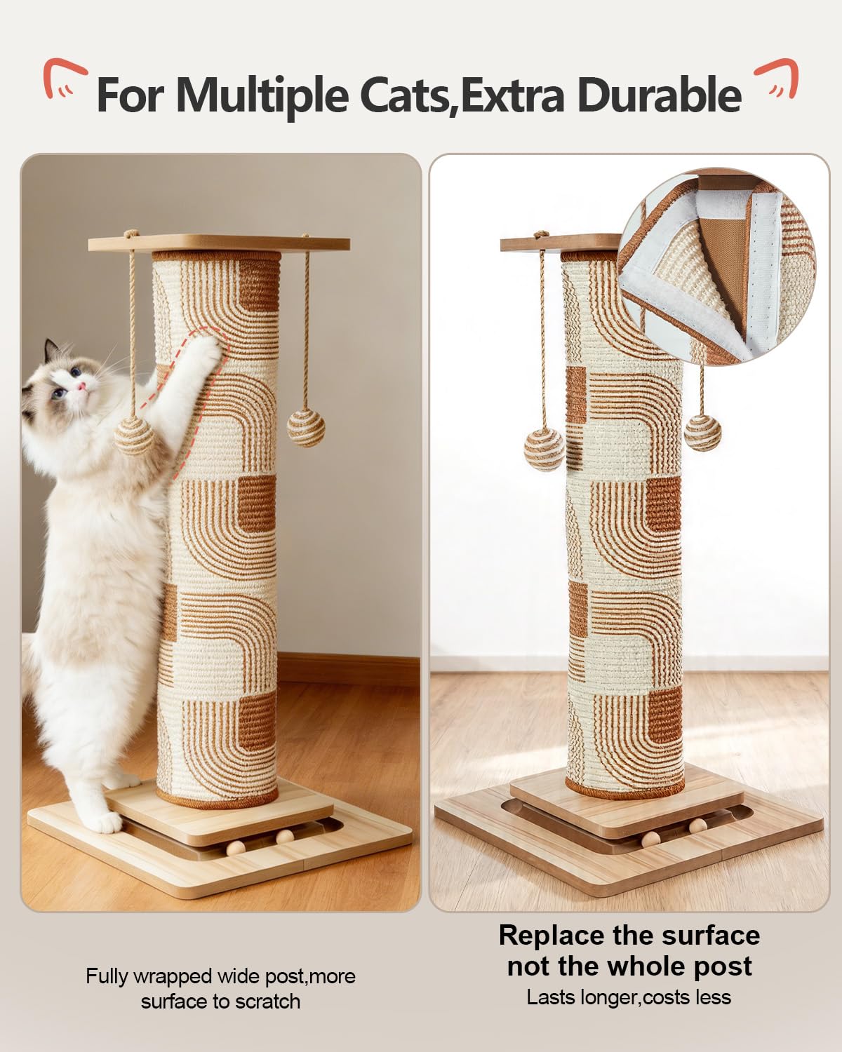 Odoland Kratzbaum 78cm hoch Kratzsäule für Katzen mit Plattformen Katzenspielzeug, Stabil Sisal Kratzstamm für große Katzen Wohnungskatzen, Braun