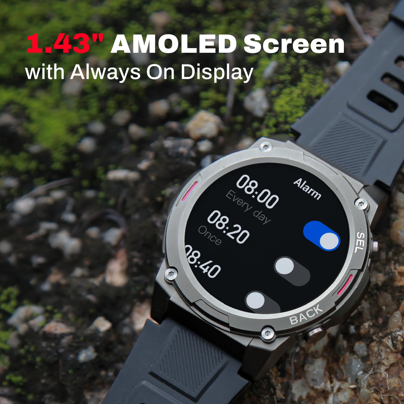 Smart Watch,1.43" AMOLED Display,70+ Days Battery Life,100+ Sports Modes Rugged Military Smartwatch for Android iPhone(Call Receive/Dial),100M Waterproof Fitness Tracker Heart Rate Monitor
