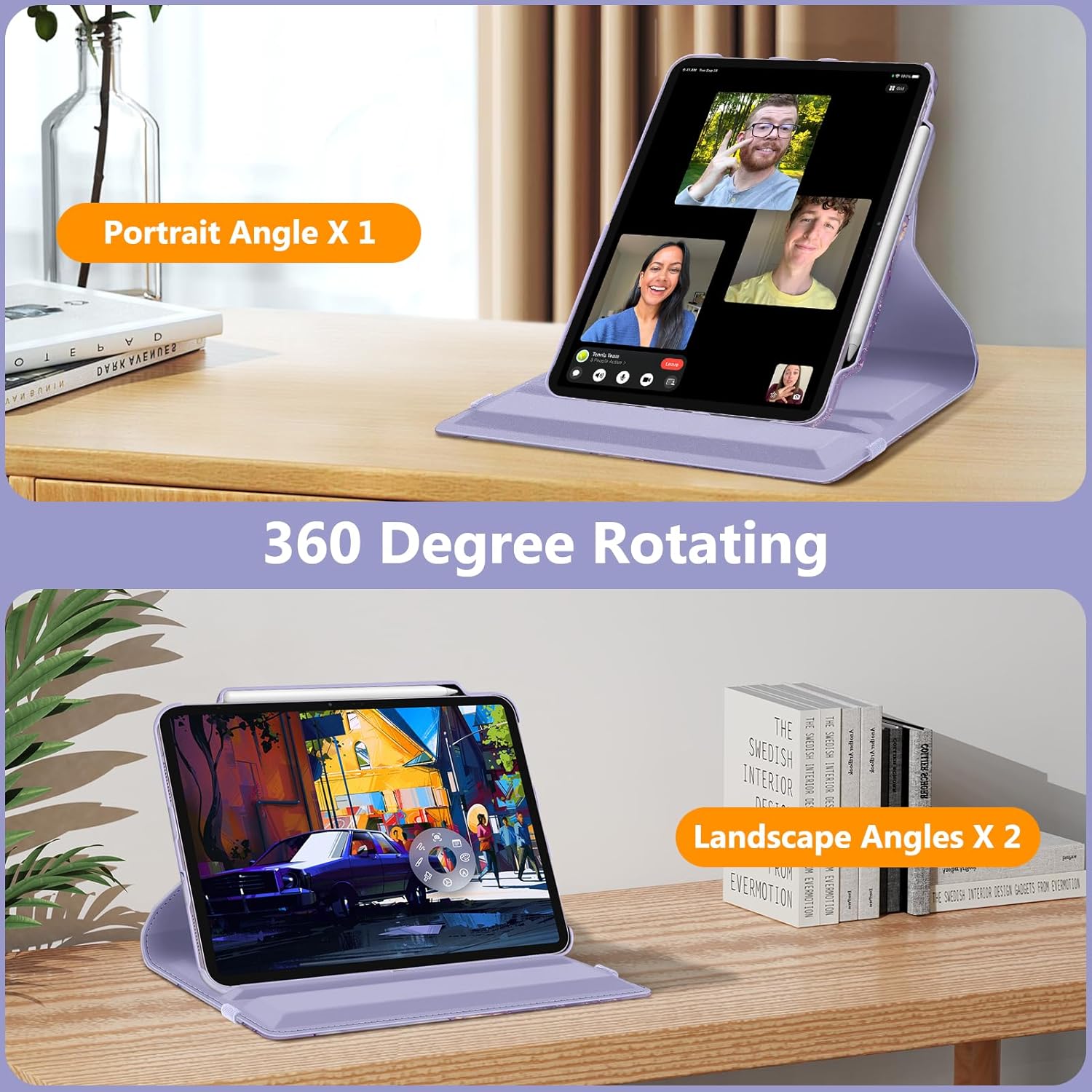 Fintie Rotating Case for iPad Air 13-inch (M3) 2025, (M2) 2024-360 Degree Swiveling Protective Stand Cover with Pencil Holder, Auto Wake/Sleep, Lilac Marble - Image 4