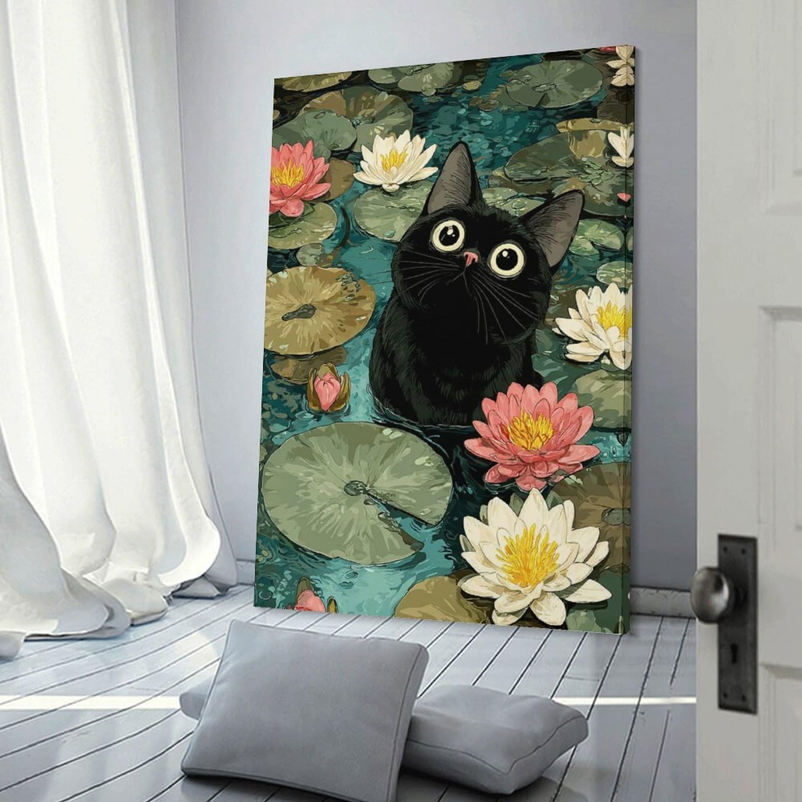 Junmoney Canvas Art Print Black Cat in Lily Pond Illustration, 16x24inch(40x60cm), for Office, Study Or Home Workspace, Decorative Artwork for Productive Spaces
