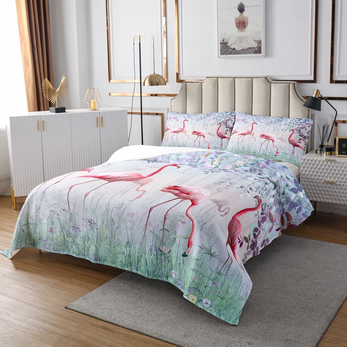 Flamingo Bedspread 220 x 240 cm, Pink Flamingo Bedding Set Hawaiian Tropical Bird Animals Duvet Set Girls Romantic Quilted Pink White Bedspread Quilt Set Girly Room Decorative