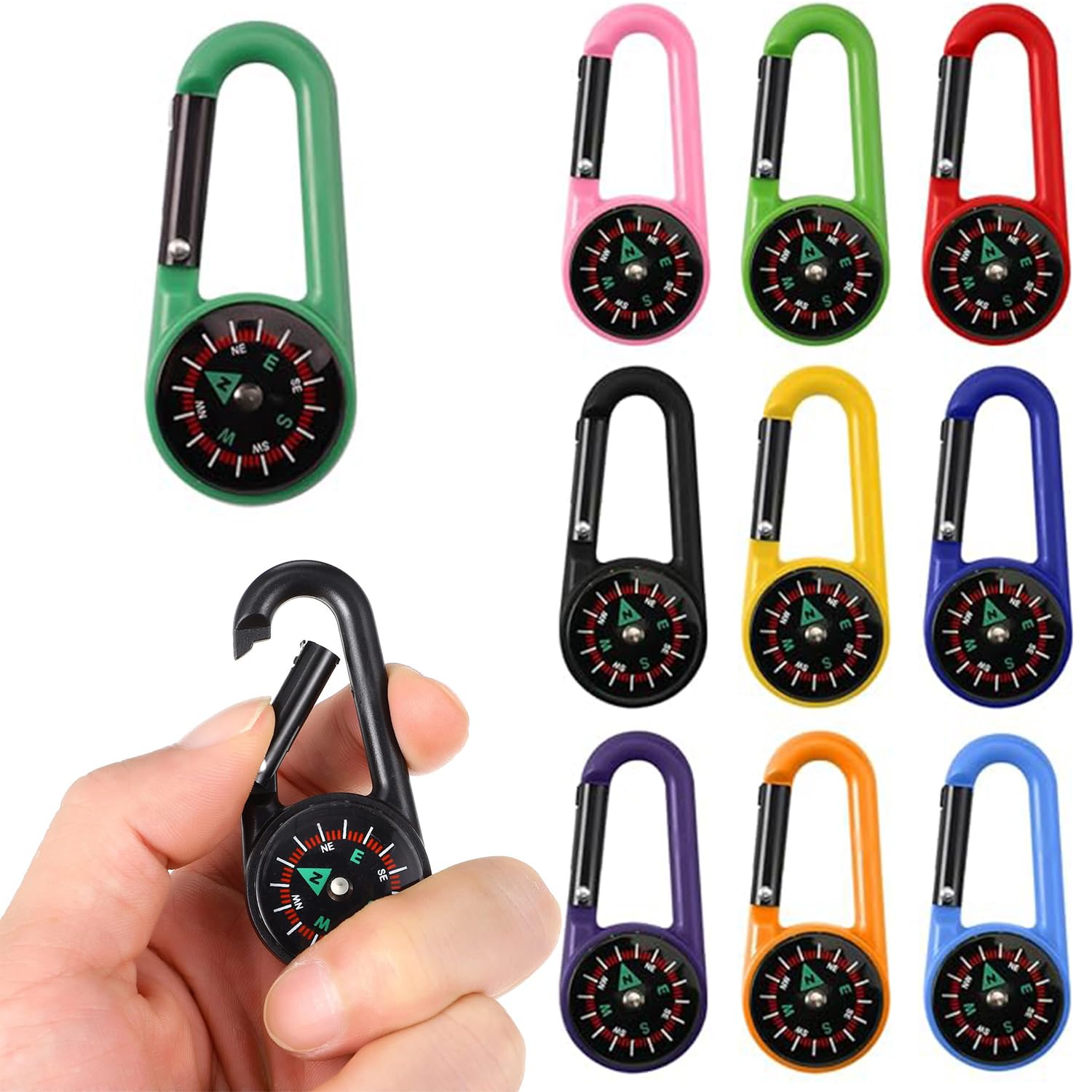 Confezione da 10 moschettoni colorati con moschettone, portatili, mini bussola, portachiavi, clip per attività all'aperto, escursionismo, campeggio, viaggi e navigazione