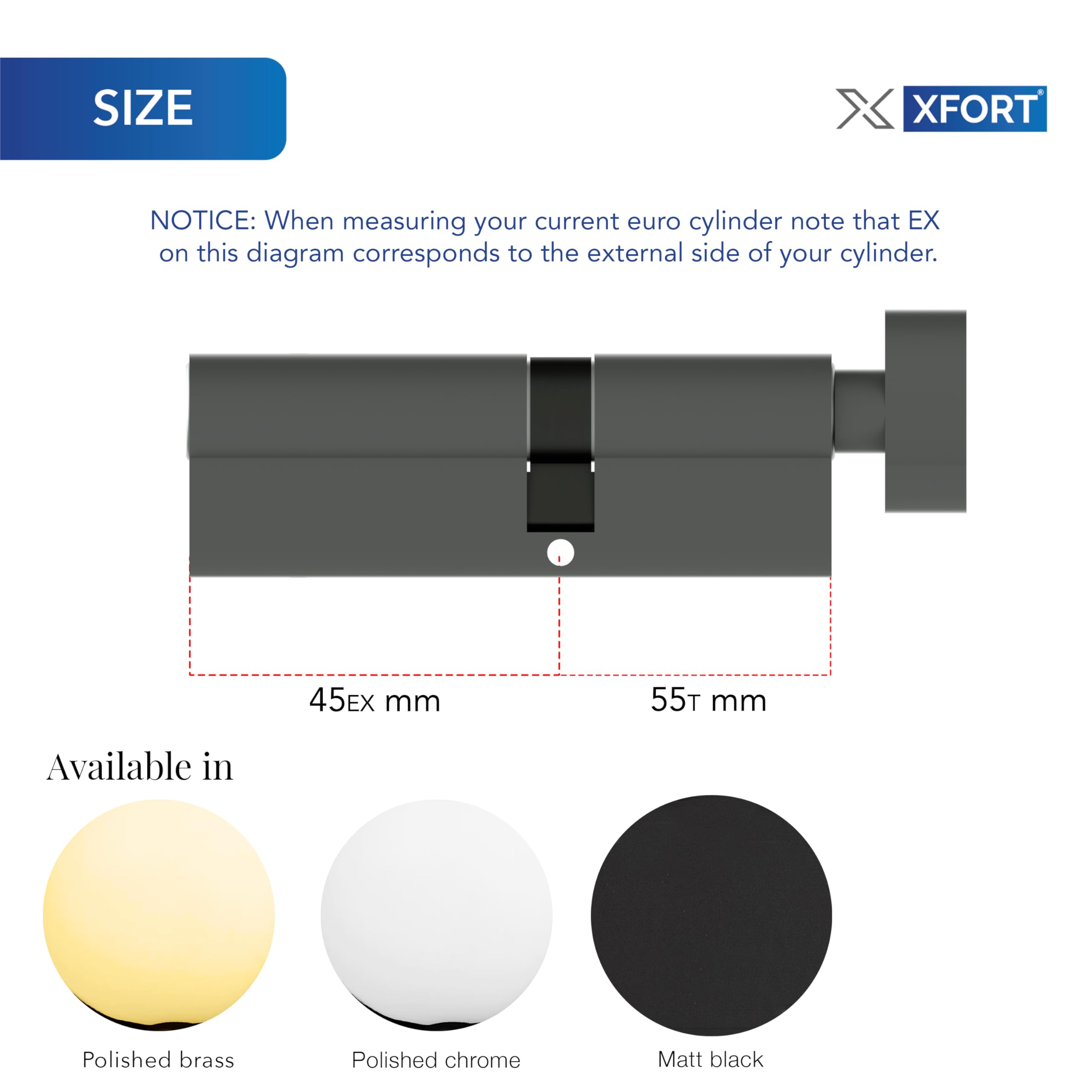 XFORT Matt Black 45/55T Thumb Turn Euro Cylinder Lock (95mm), UPVC Door Lock, 6 Pin Cylinder Lock with Key and Thumbturn - Image 4