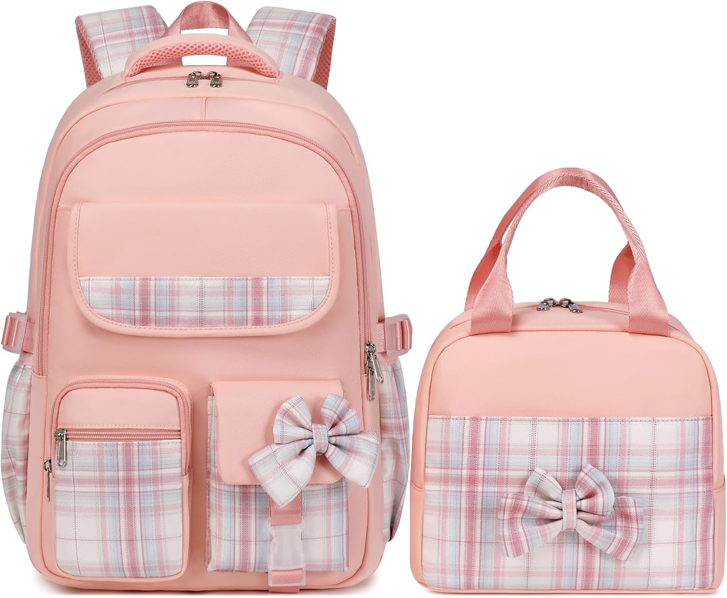 JIANYA Girls Backpack With Lunch Box for Elementary School, Bow/Pink