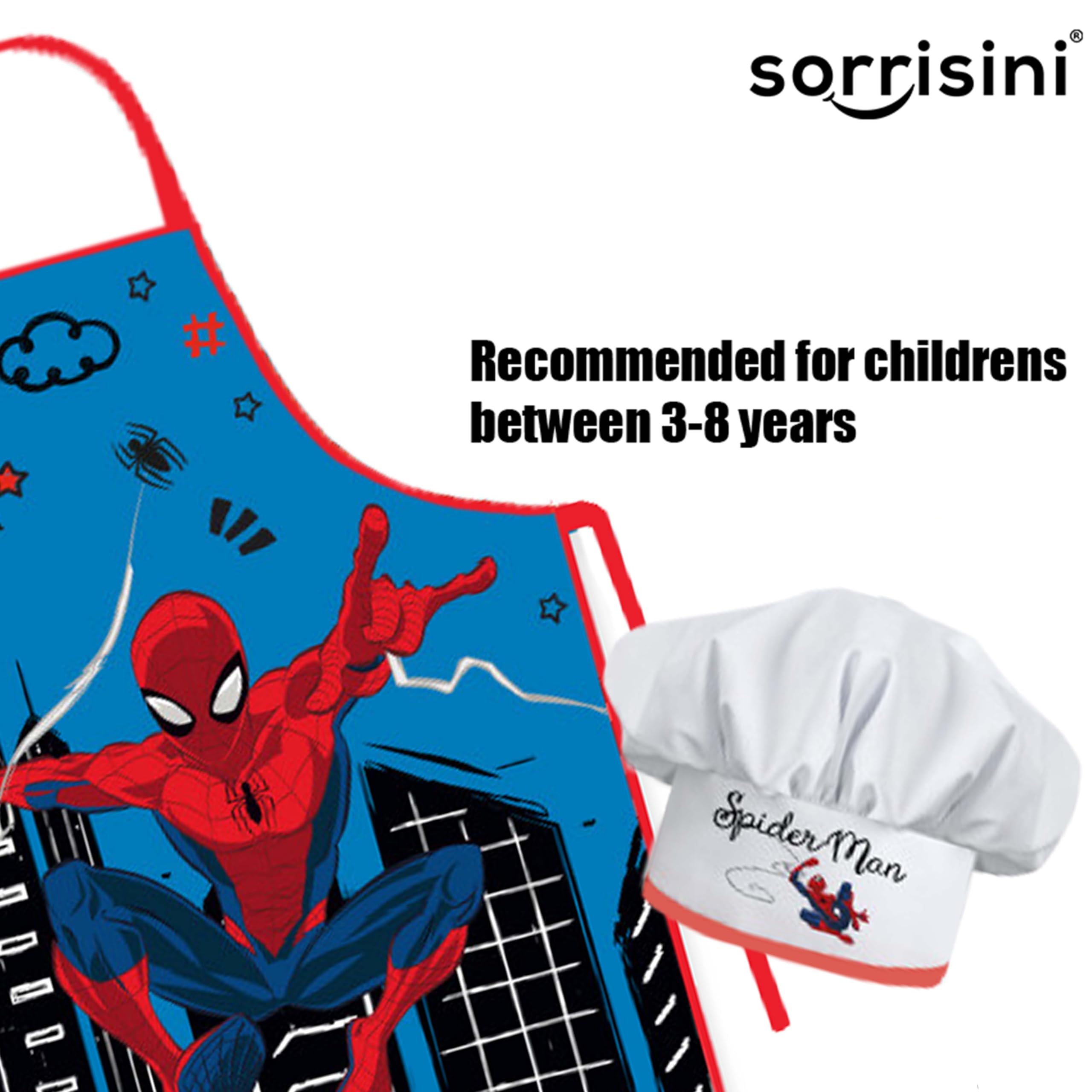 Fartuch kuchenny dla dzieci, Kapelusz szefa kuchni dla dzieci, Fartuch i regulowany kapelusz szefa kuchni do gotowania, Pieczenia lub malowania, Spiderman City