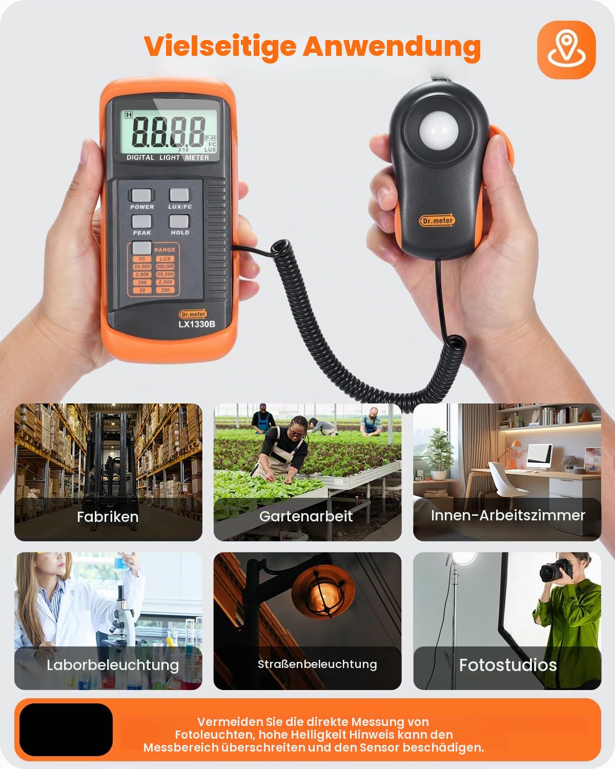 Dr.meter LX1330B Digital Luxmeter, 0-200.000 Messbereich Luxmeter mit 360° Drehbarem Sensor Beleuchtungsintensität Helligkeitsmessung für Innen und Außen, Lichtmessgeräte für Pflanzen