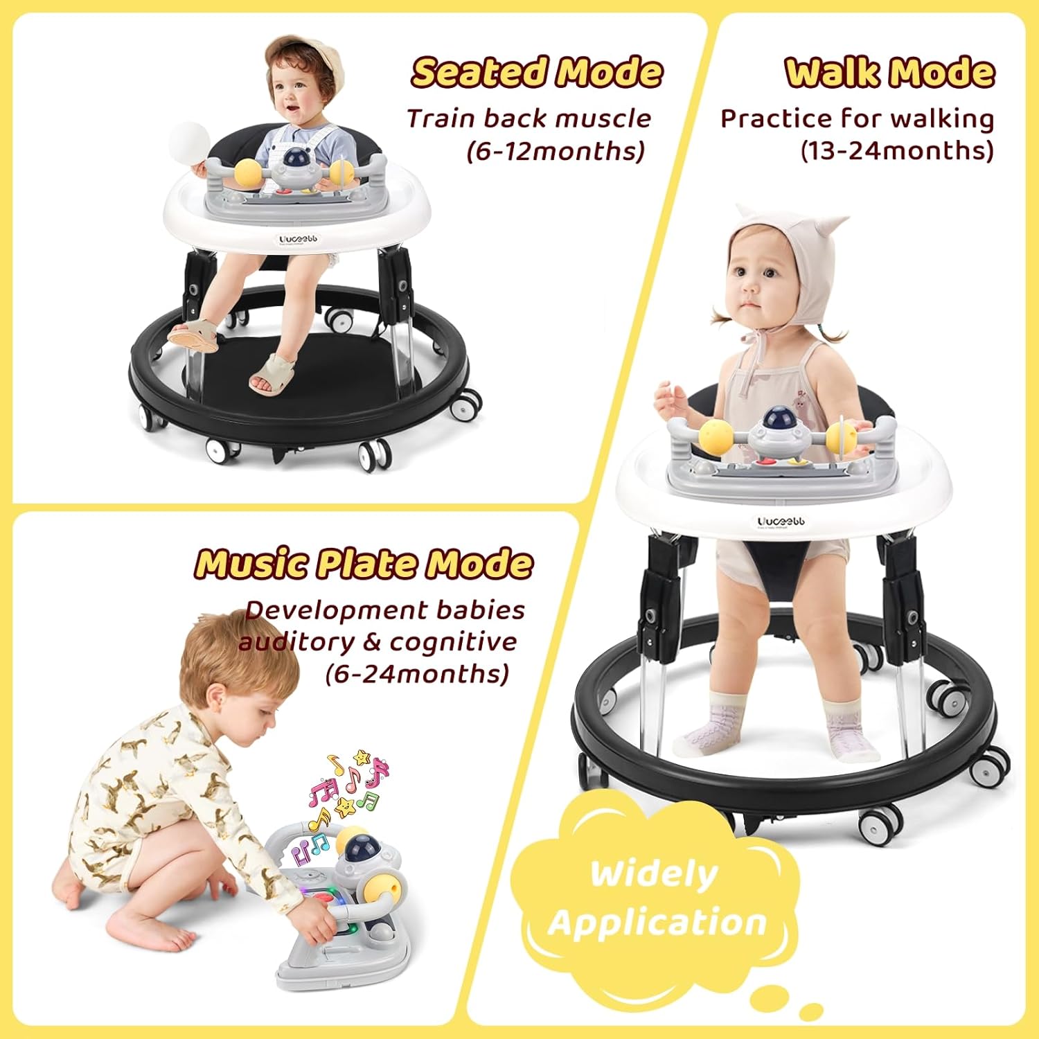 Three images showing the baby walker in Seated Mode, Walk Mode, and the Music Plate Mode with the activity tray detached.