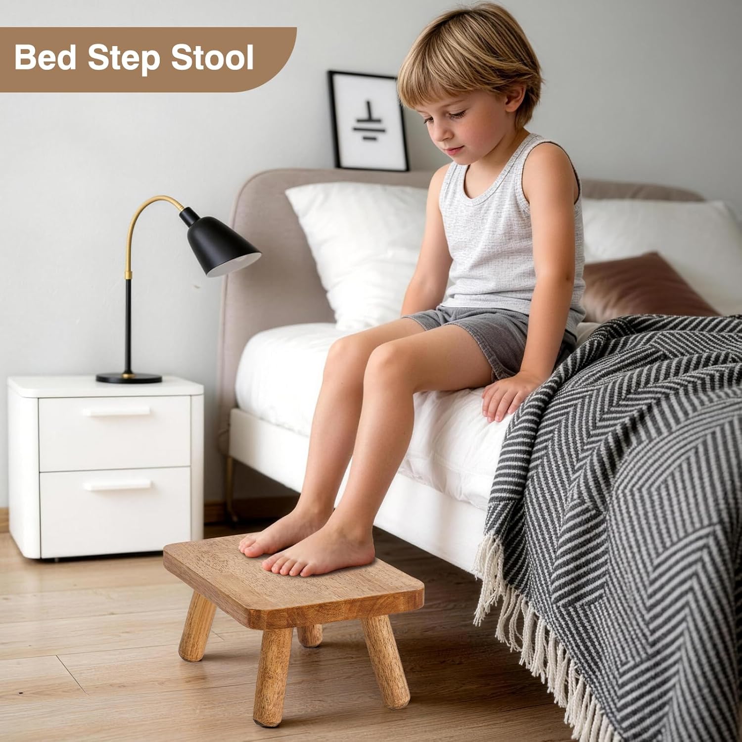 Solid Wood Stool Wooden Step Stools for Adults One Stepping Stools with for Bedroom Kitchen Bathroom, Bed Steps for High Beds