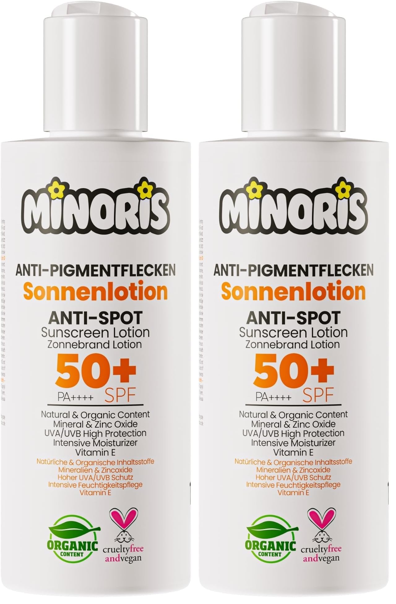 Minoris Leke Karşıtı Güneş Kremi Losyonu SPF 50+, Organik, Doğal & Mineral İçerikli, Hassas Ciltler İçin, Hipoalerjenik, Vegan, Suya Dayanıklı, Geniş Spektrumlu, Makyaj Bazı Olarak Uygun, (2 paketi)
