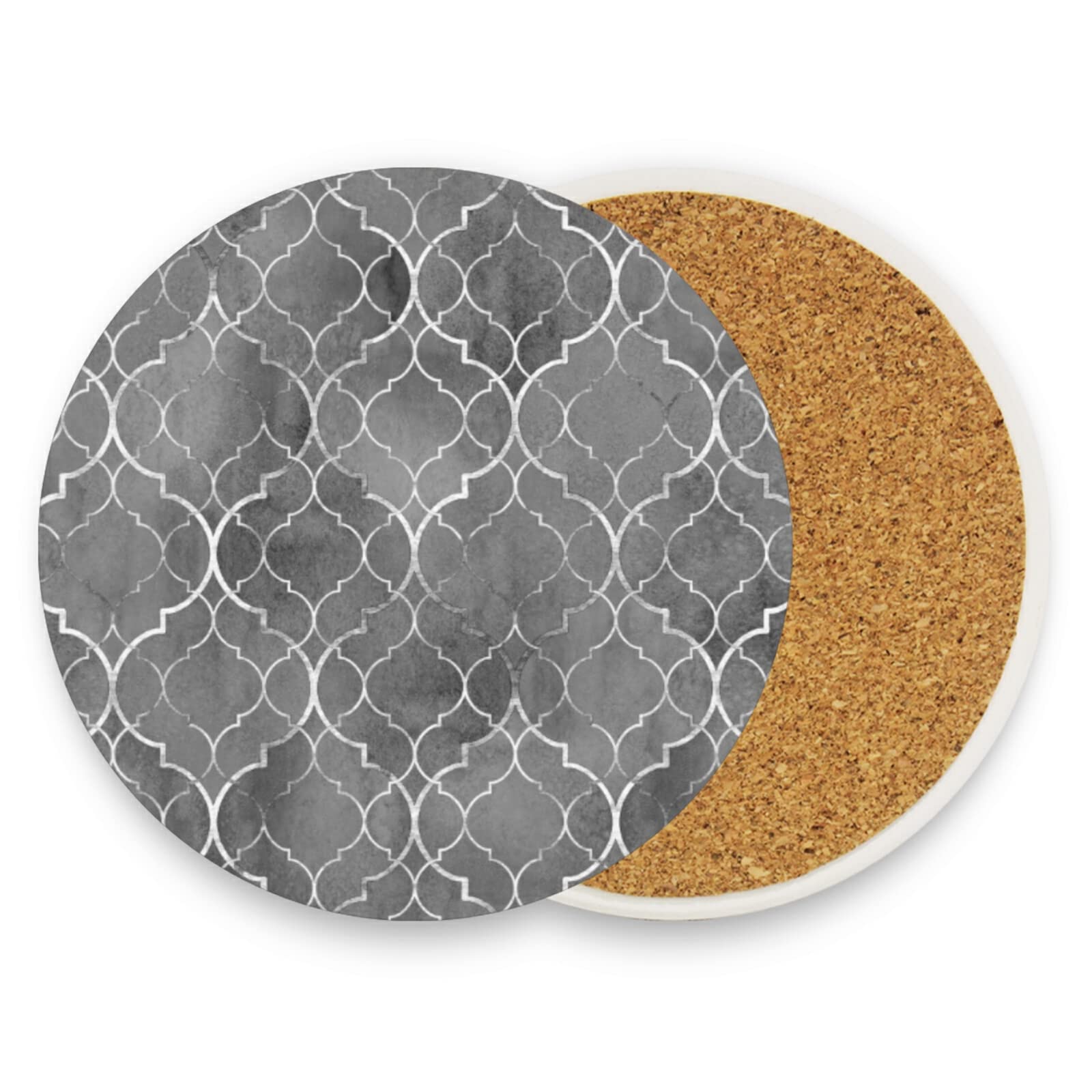 Poeticcity Silver,White Seamless Silver White Moroccan Tiles With White Geometric Lines 2 Pcs Ceramic Mug Coaster For Drinks, Stone Coasters Holder With Cork Base, Oversize Cup Mat Pad For All Mugs, Housewarming Gift