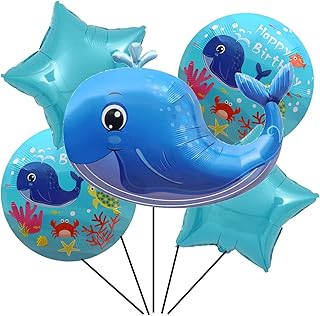 5Pcs Whale Shape Giant Foil Balloons Cute Sea Animal Balloons for Ocean Animal Under Sea Beach Theme Party