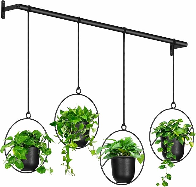 Mutool Hanging Planter Pots for Indoor Herb Garden, 4 Pack Garden Hanging Basket Kit with Melamine Planters, Hanging Rope & Modern Wall and Ceiling Hanging Plant Holder, Black