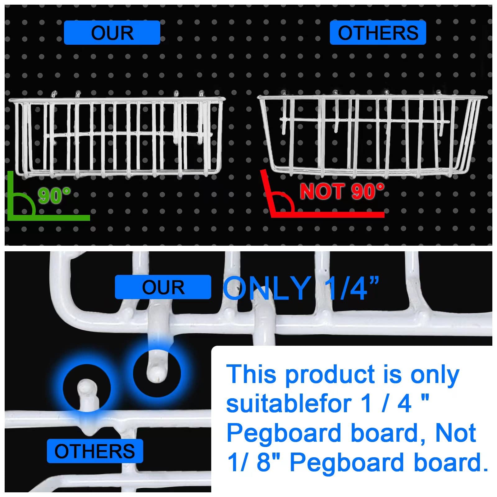 Heavy Duty Pegboard Baskets of 1/4 inch,1/4 inch Pegboard Accessories ,Pegboard Basket Set (4pcs) (WHITE)