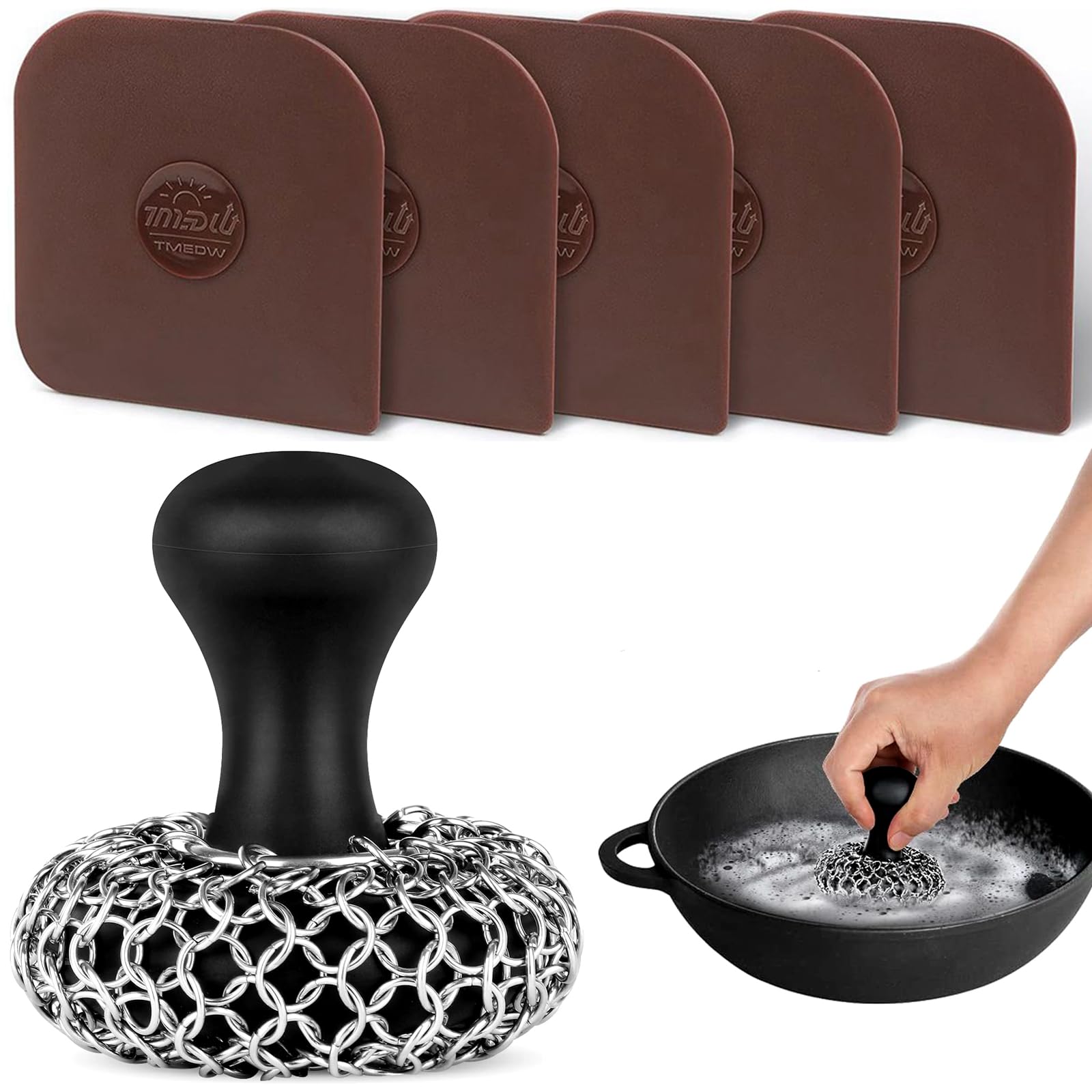 Cast Iron Scrubber | Dish Scrub Brush | 316 Cast Iron Cleaner Chainmail Scrubber for Cast Iron Pan Skillet Cleaner - Dish Scouring Pad Dishwasher Safe Cleaning Kit (Black, 1 Scrubber + 5 Scrapers)