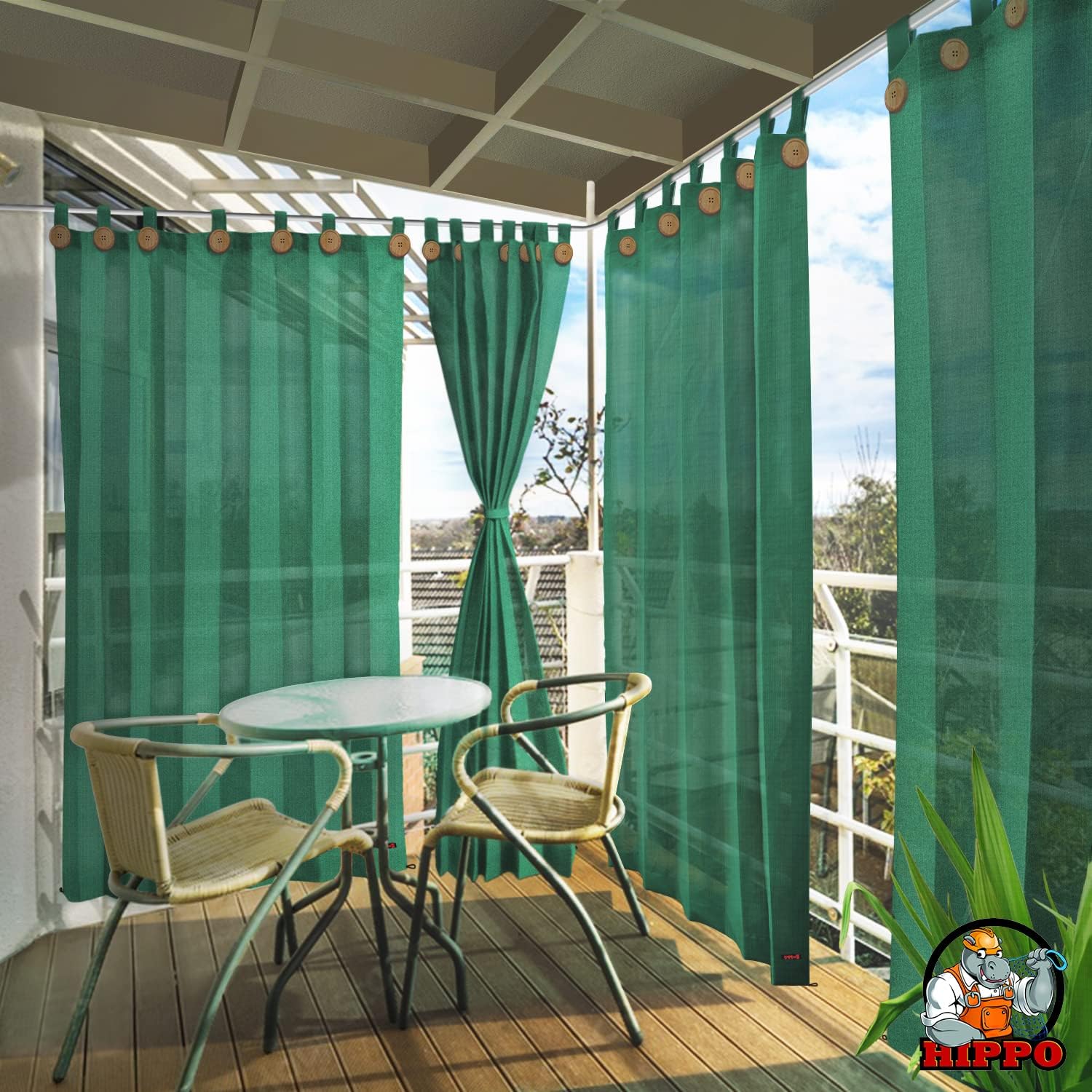 HIPPO - PE 90% Outdoor Sun Blocking Balcony Curtains Loop UV Protection, Sun Shading Light Filtering, Temperature Reducing 8 ft Door Curtain, Set of 2 pcs (Olive Green || 3FTX8FT)