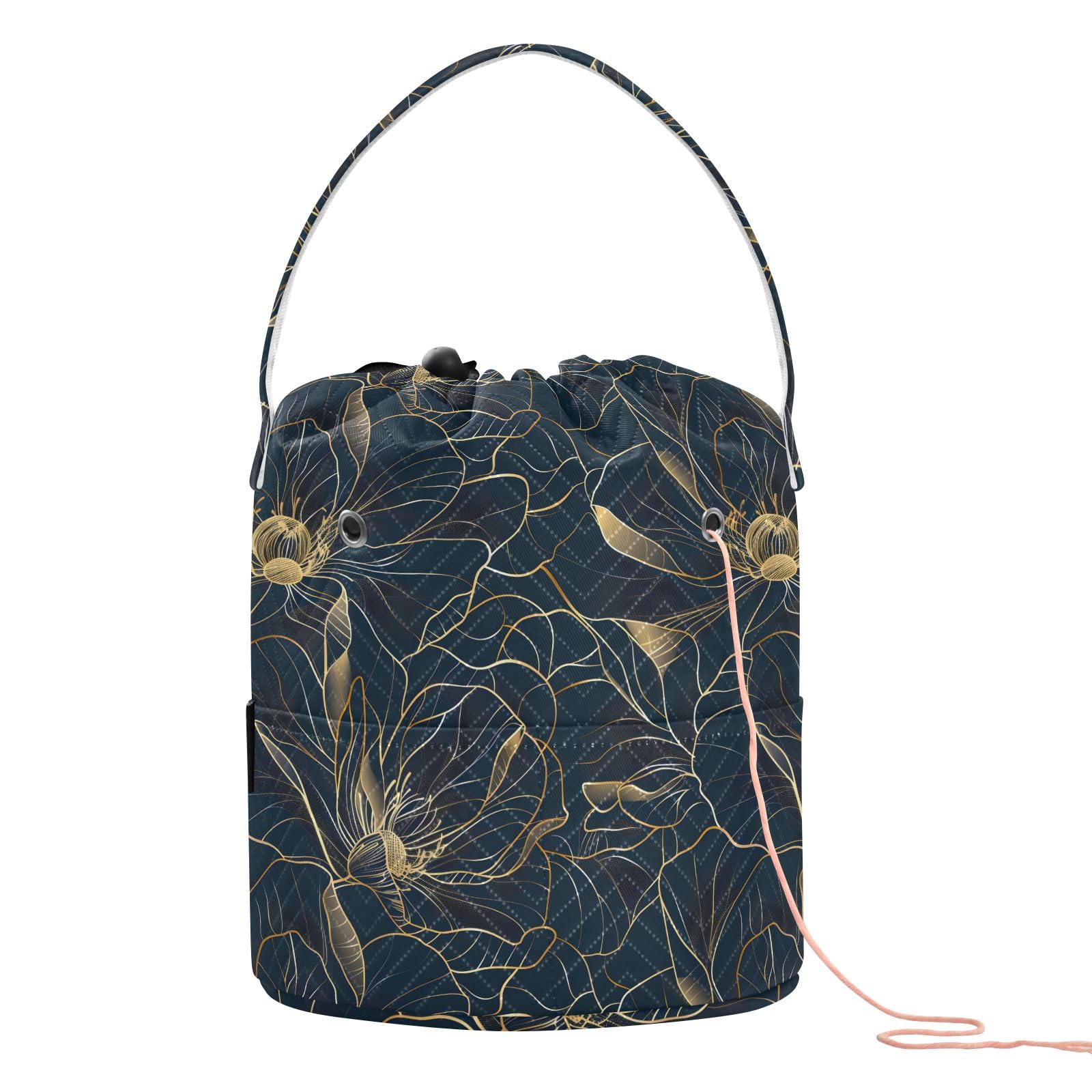 Yarn Storage Bag Small Crochet Bag Knitting Bag Organizer Golden Flower Line Art Yarn Bags for Crocheting Basket